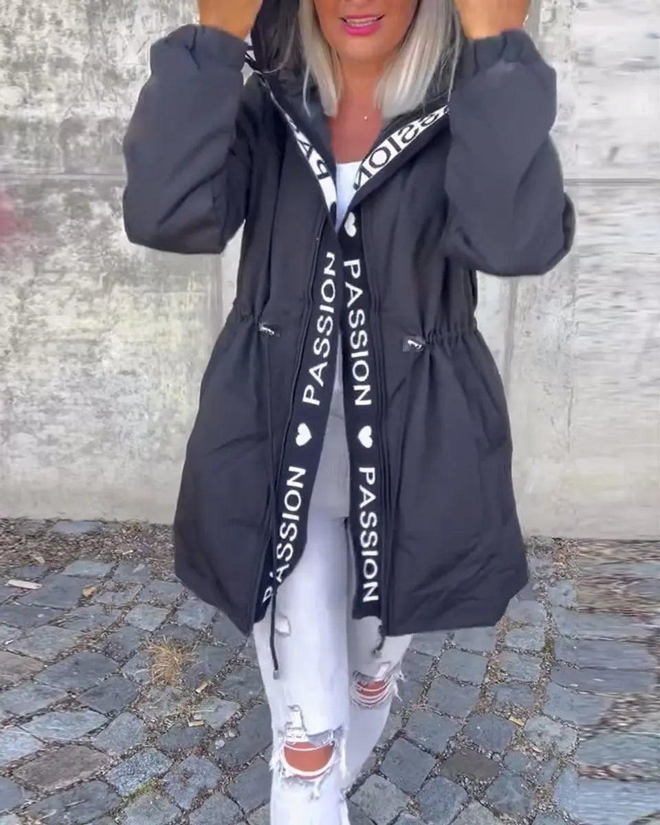Women's Hooded Drawstring Midi Coat Relaxed Fit - Black