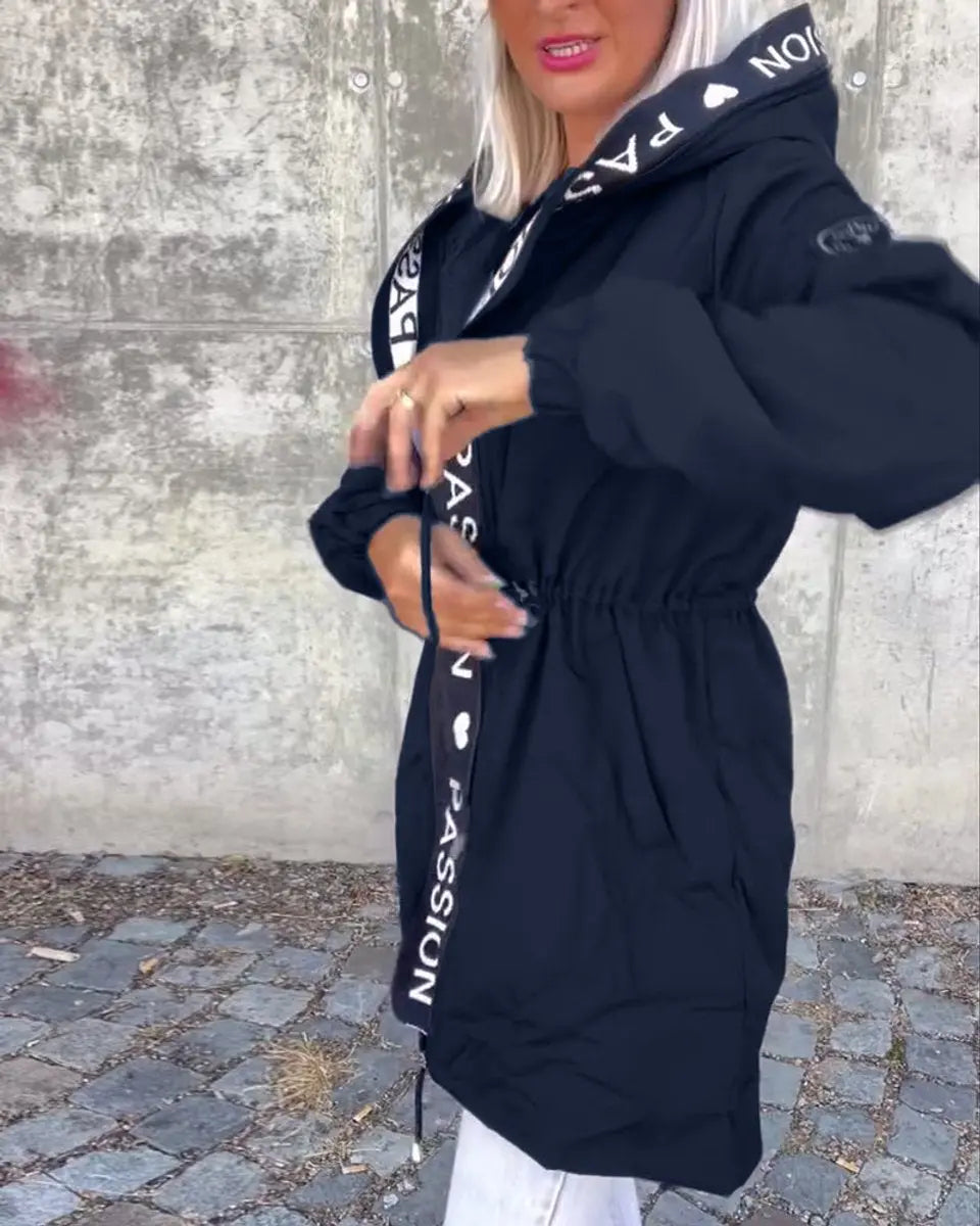 Women's Hooded Drawstring Midi Coat Relaxed Fit