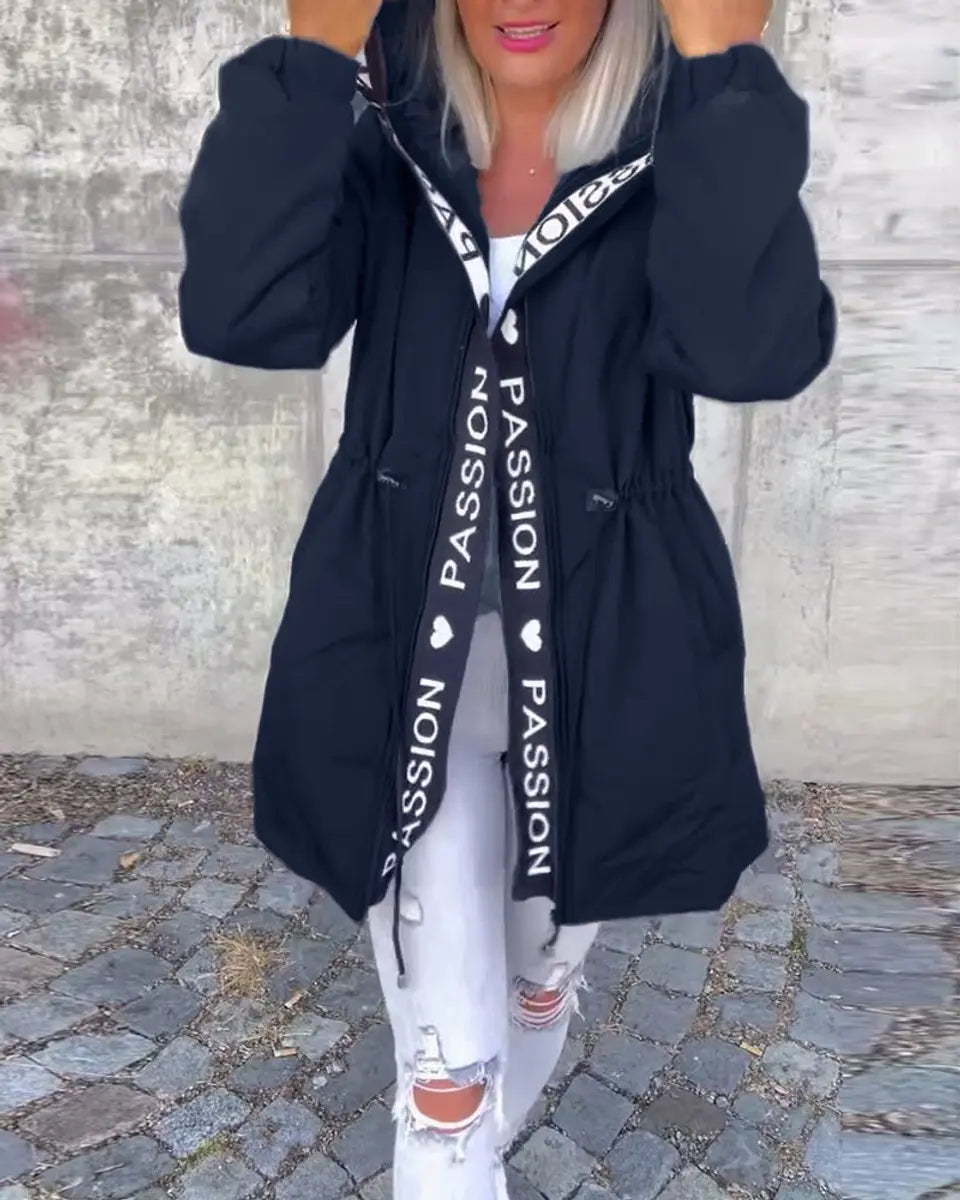 Women's Hooded Drawstring Midi Coat Relaxed Fit - Navy Blue