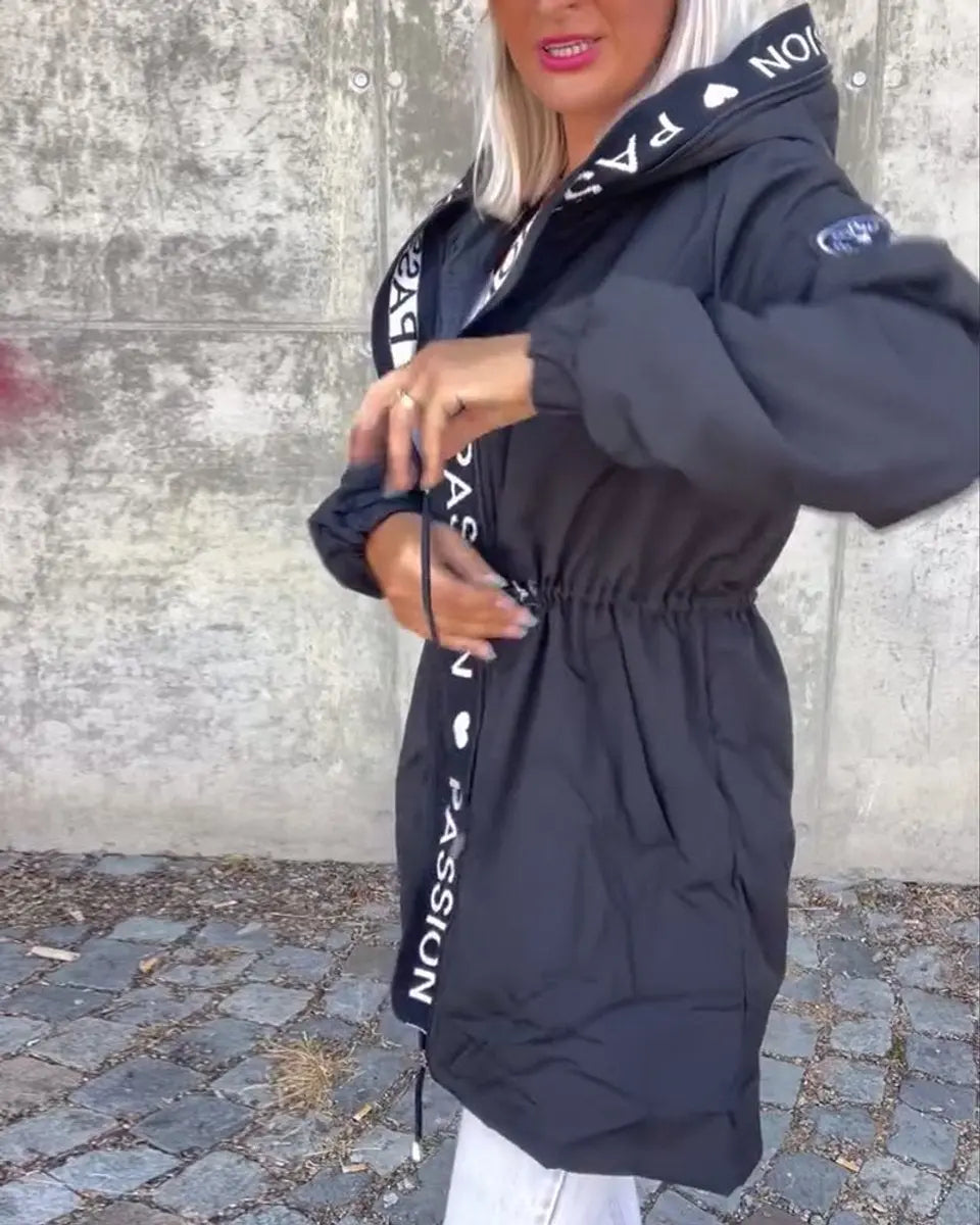 Women's Hooded Drawstring Midi Coat Relaxed Fit