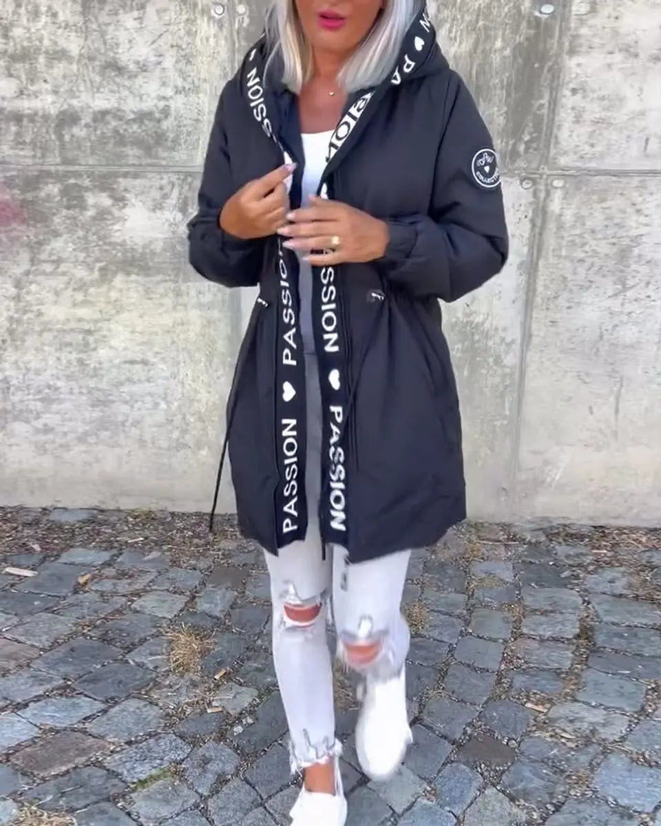 Women's Hooded Drawstring Midi Coat Relaxed Fit