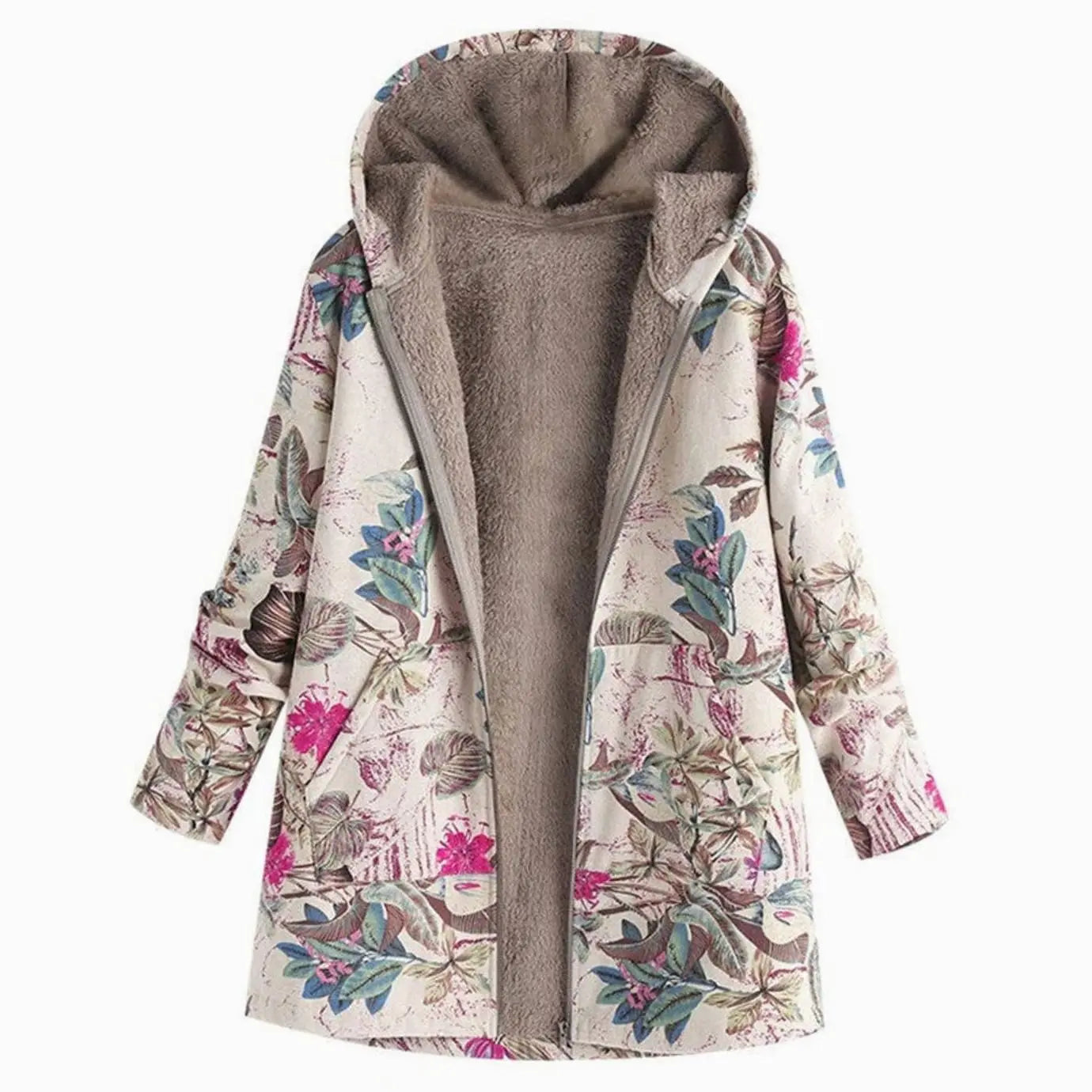 Women's Hooded Fleece-Lined Winter Floral Coat - White