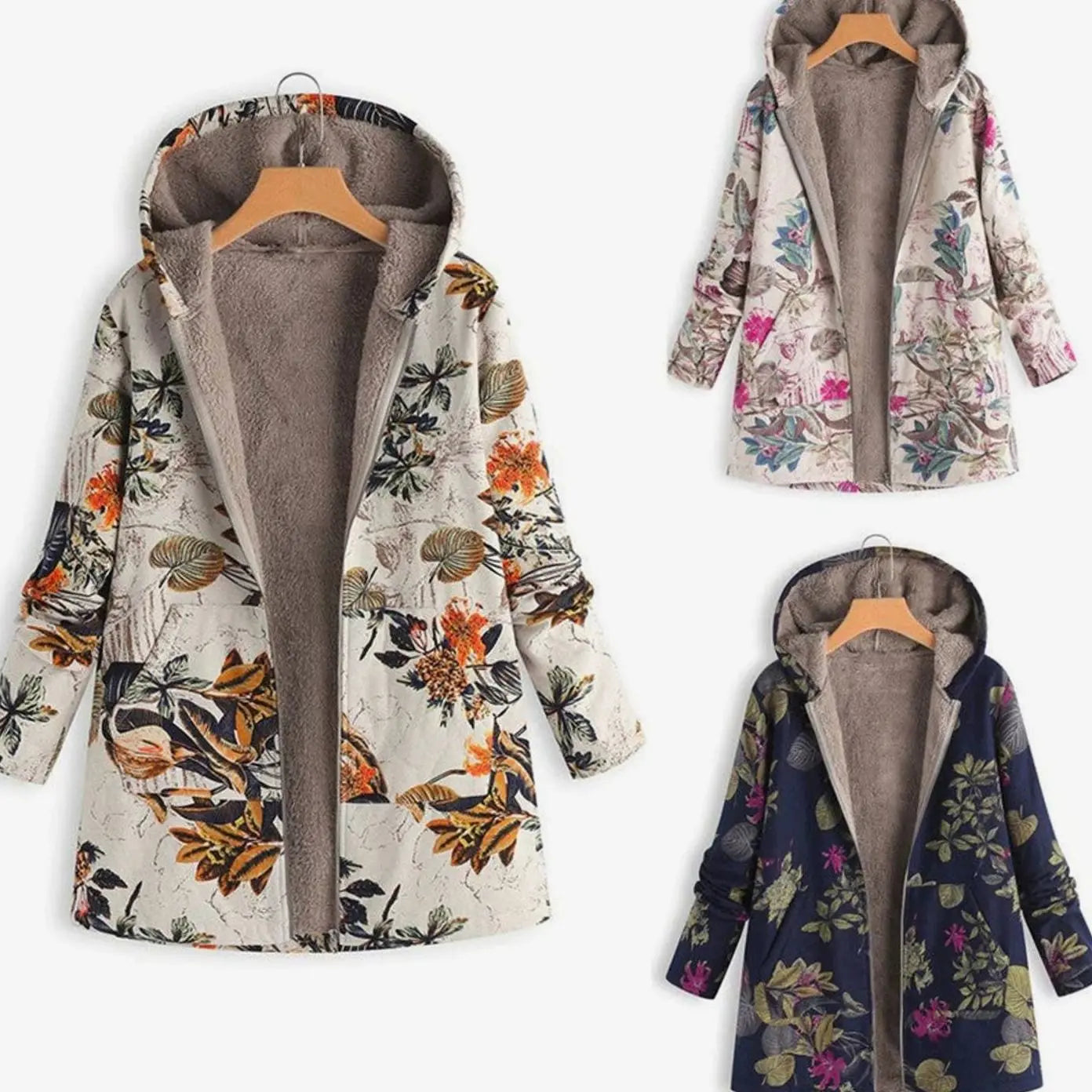 Women's Hooded Fleece-Lined Winter Floral Coat