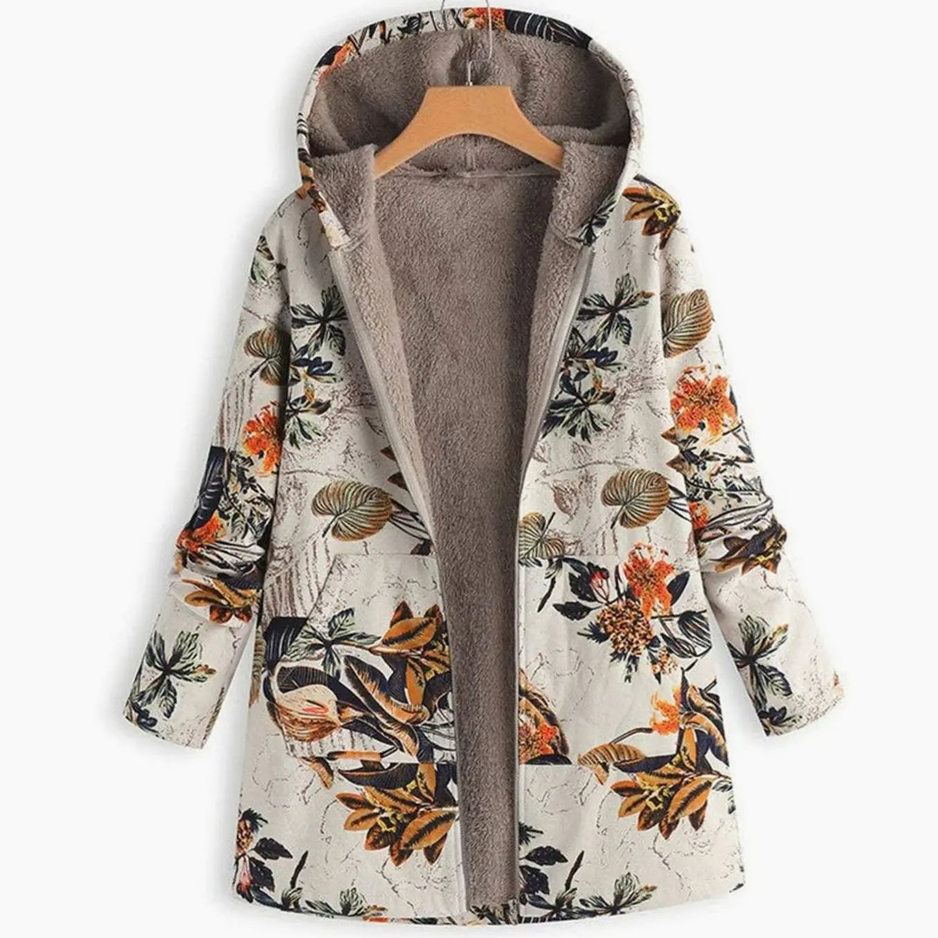 Women's Hooded Fleece-Lined Winter Floral Coat - Beige
