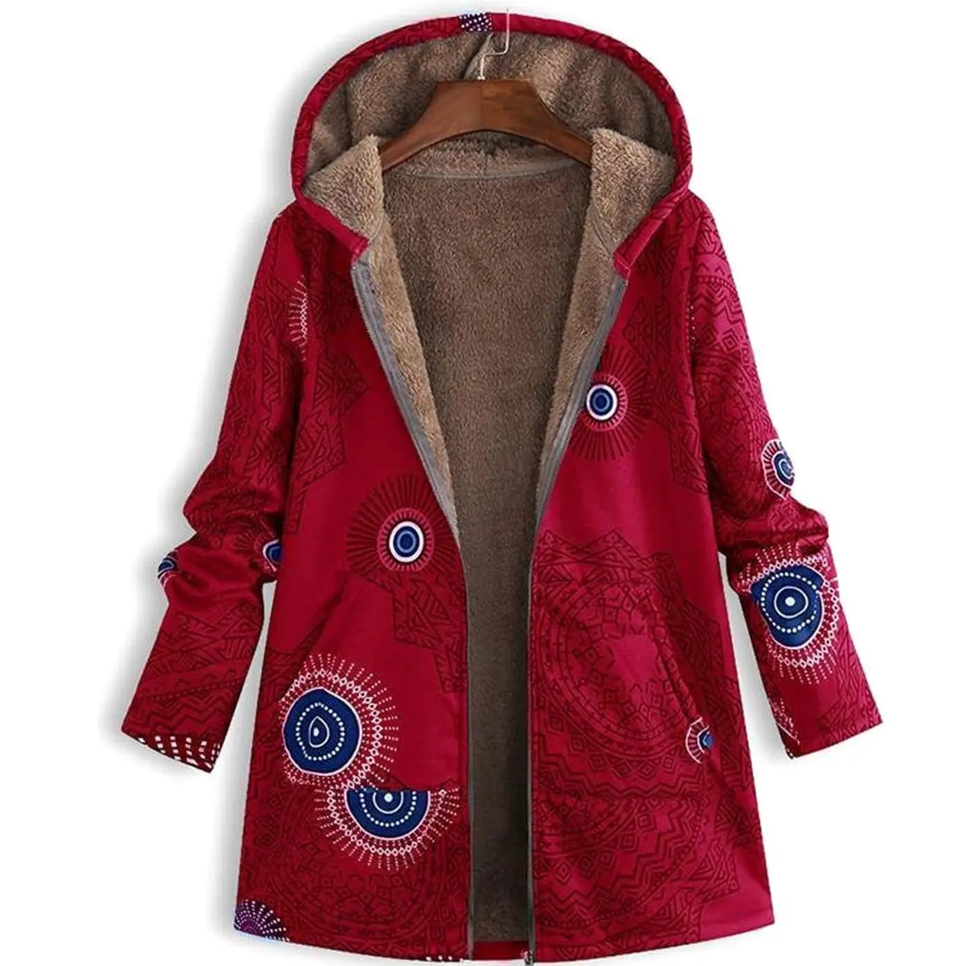 Women's Hooded Fleece-Lined Winter Floral Coat - Red