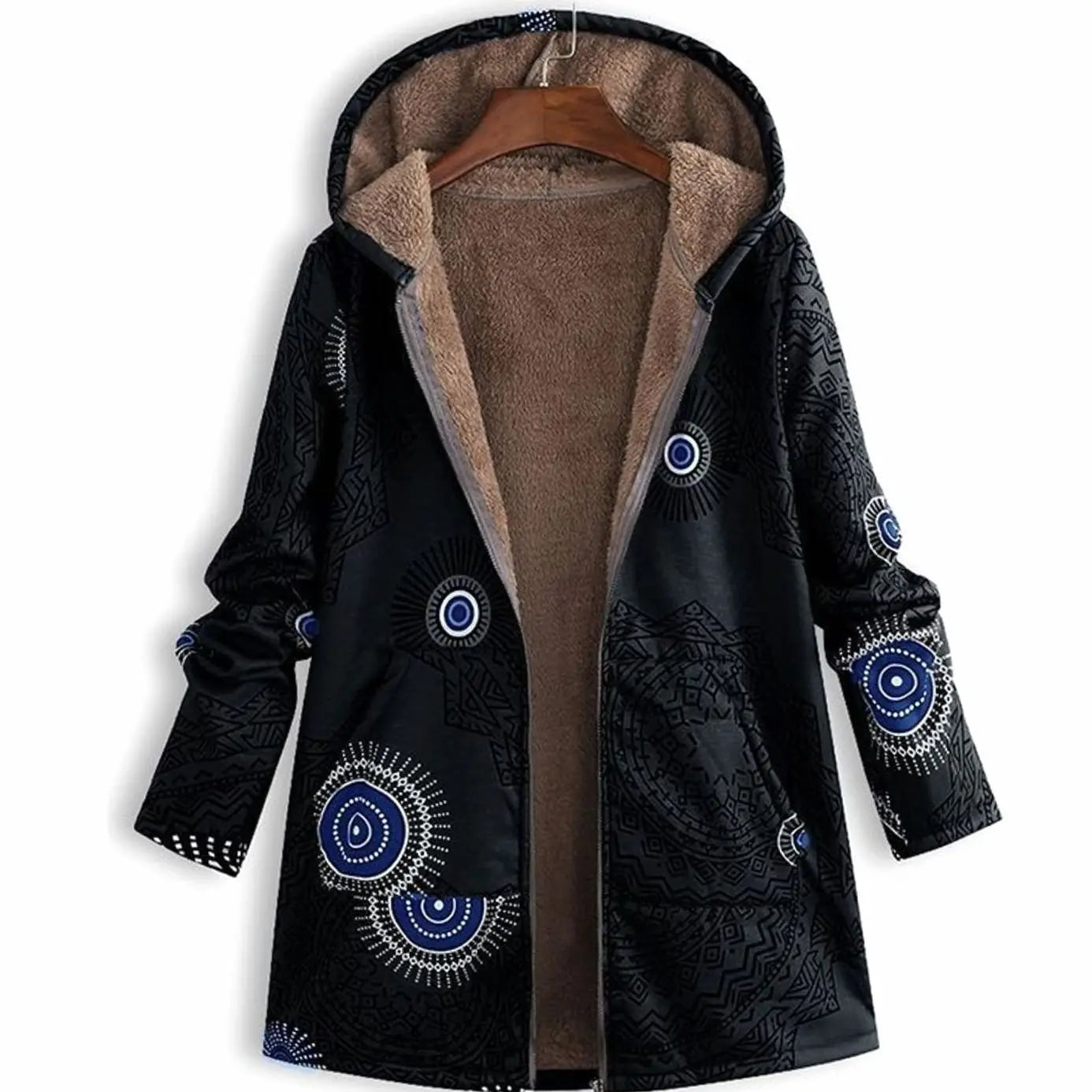 Women's Hooded Fleece-Lined Winter Floral Coat - Black