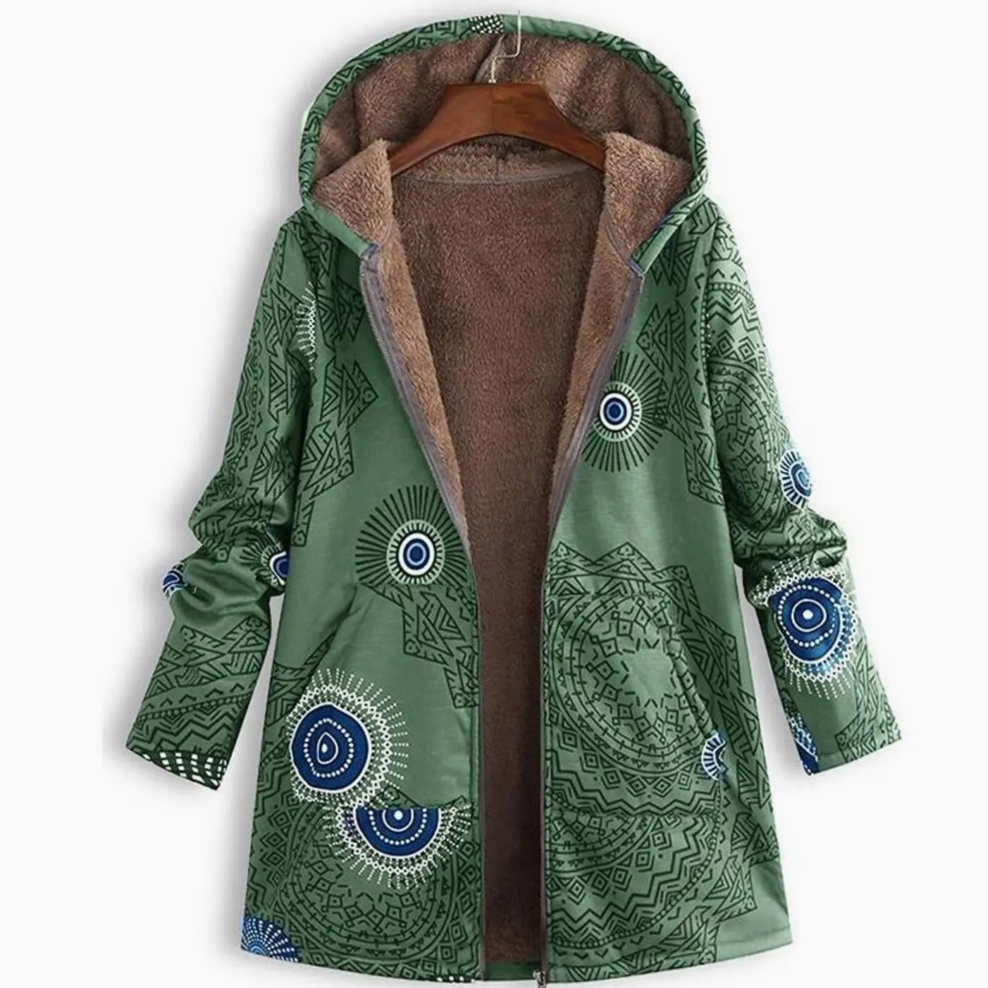 Women's Hooded Fleece-Lined Winter Floral Coat - Green