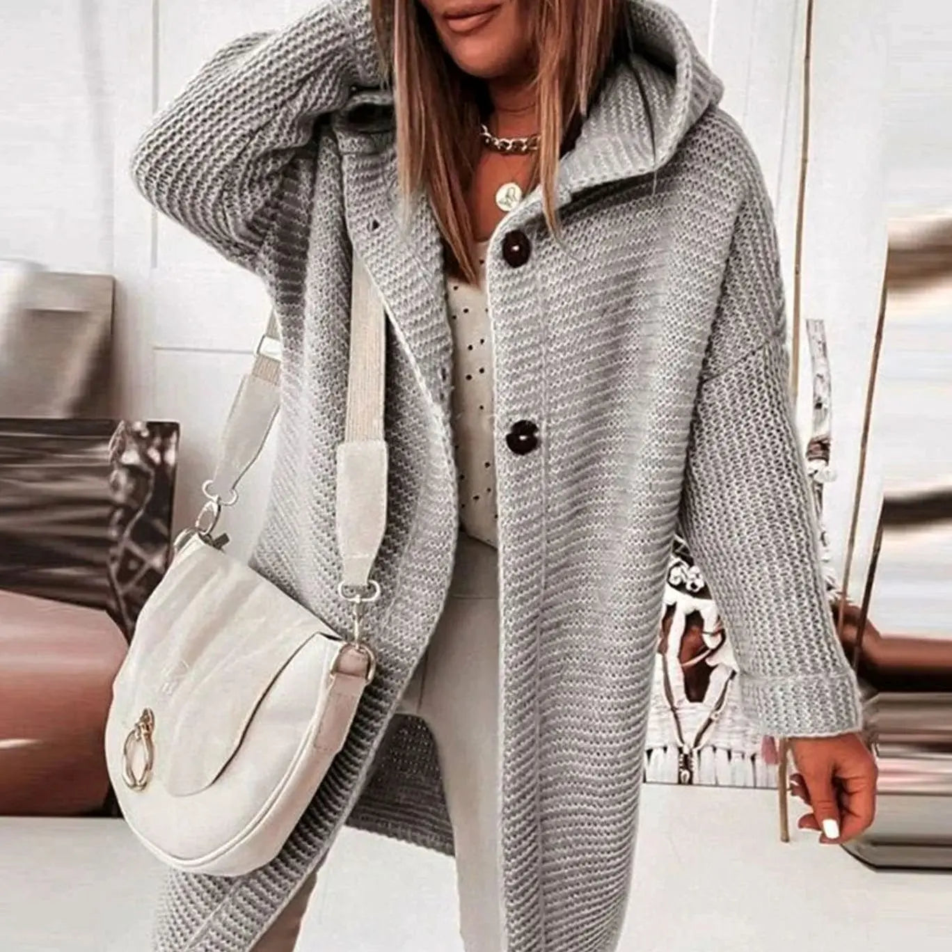Women's Hooded Knit Cardigan Jacket Relaxed Longline Button - Grey