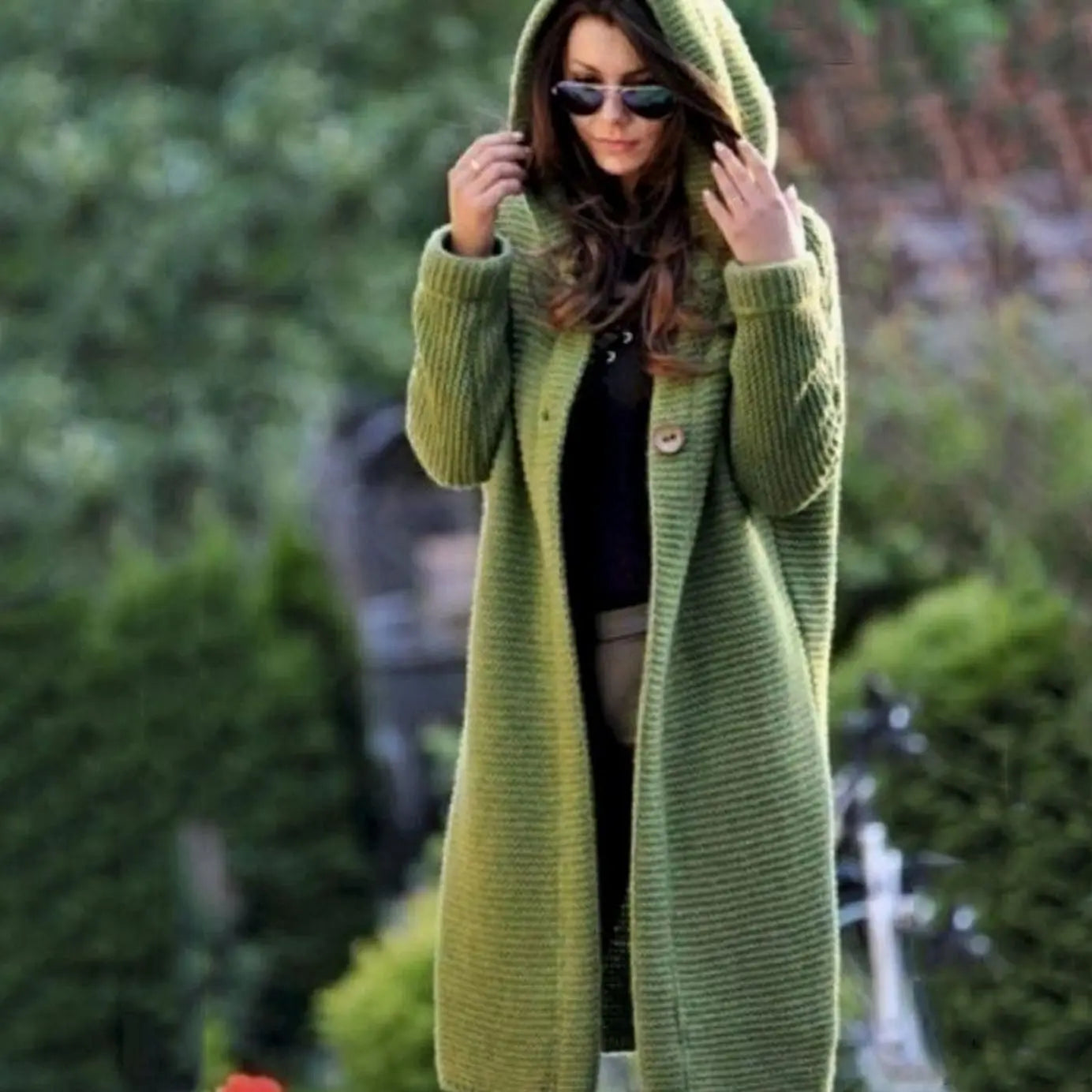 Women's Hooded Long Knit Maxi Cardigan Ribbed Open Front - Green