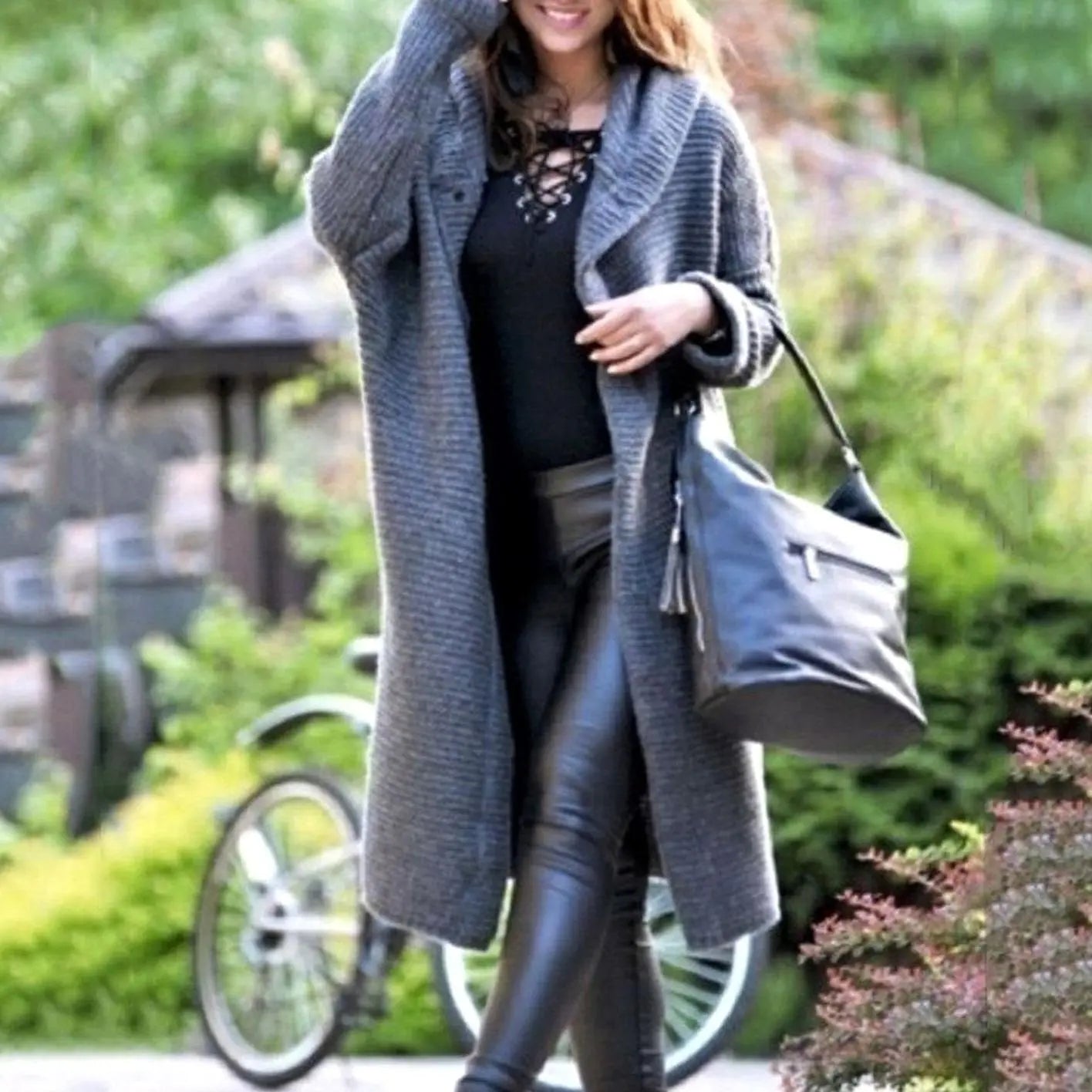 Women's Hooded Long Knit Maxi Cardigan Ribbed Open Front - Grey