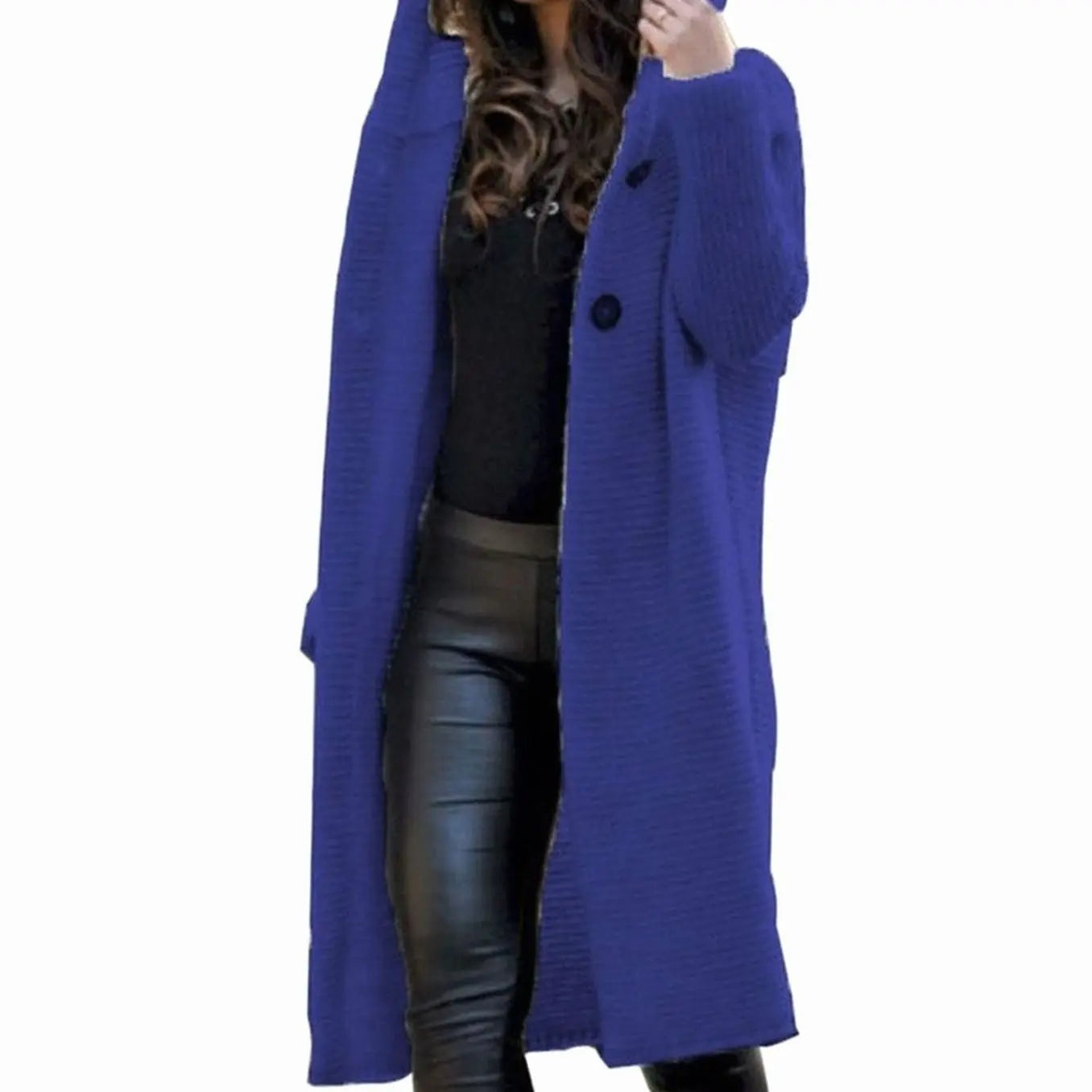 Women's Hooded Long Knit Maxi Cardigan Ribbed Open Front - Dark Blue
