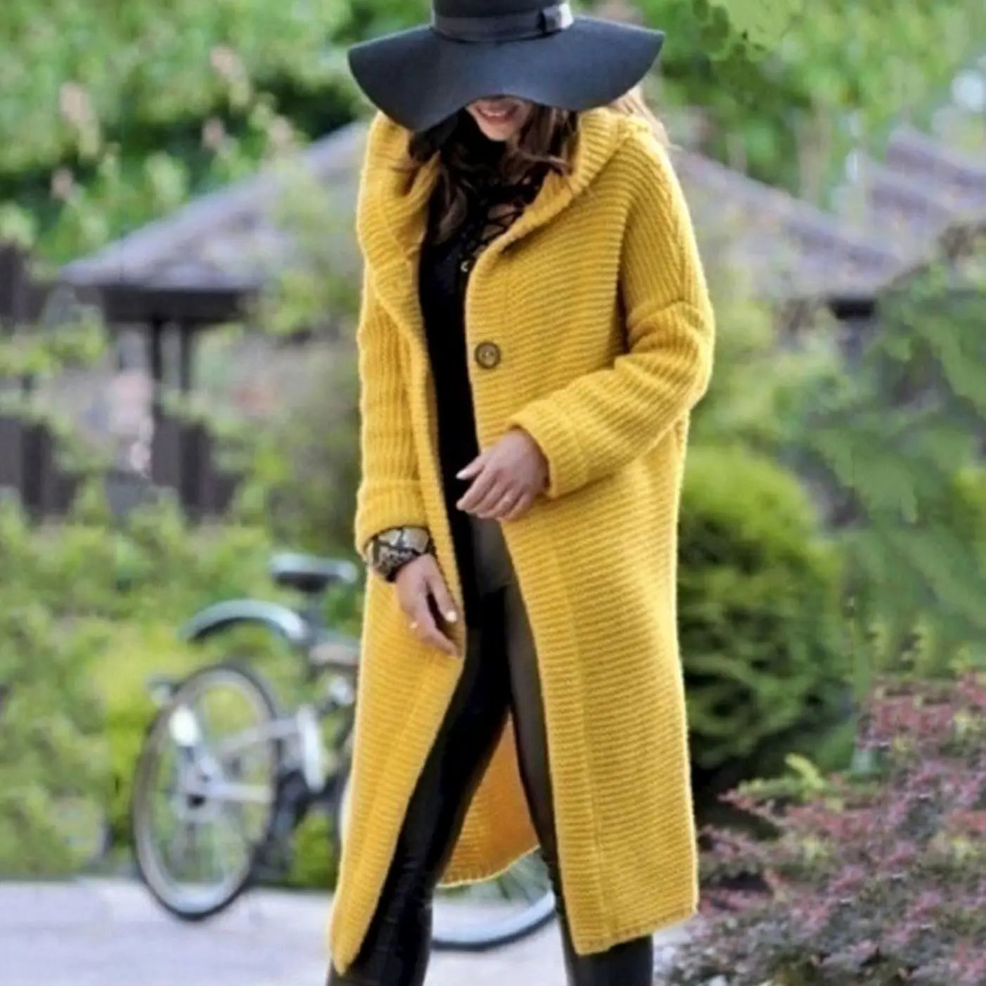 Women's Hooded Long Knit Maxi Cardigan Ribbed Open Front - Yellow