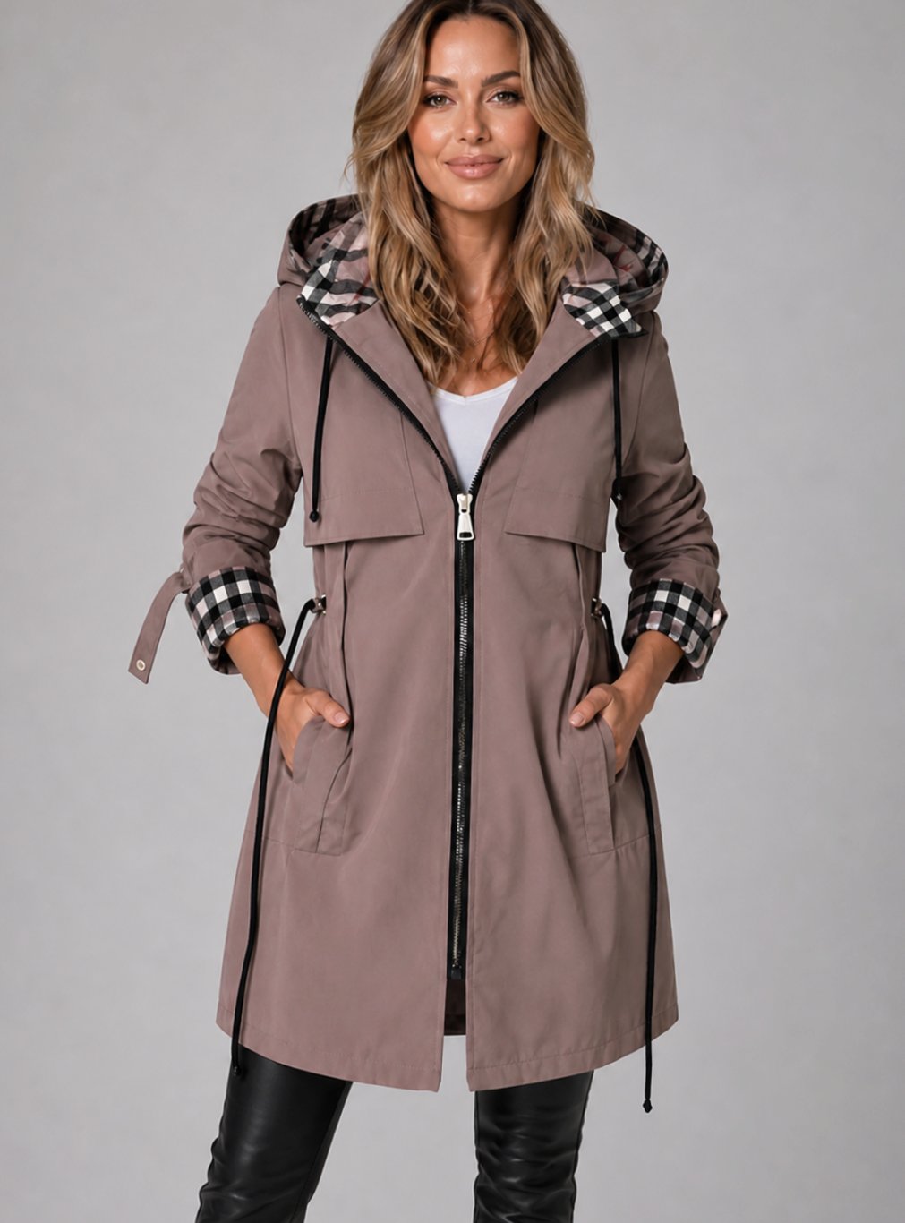 Women's Hooded Longline Zip-Up Coat Adjustable Drawstring Waist - Brown