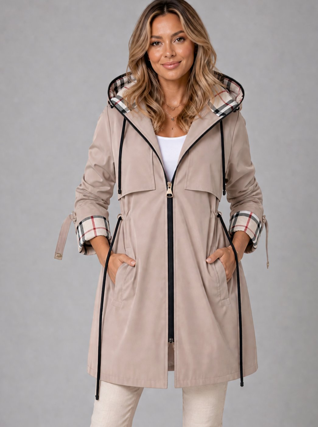 Women's Hooded Longline Zip-Up Coat Adjustable Drawstring Waist - Khaki