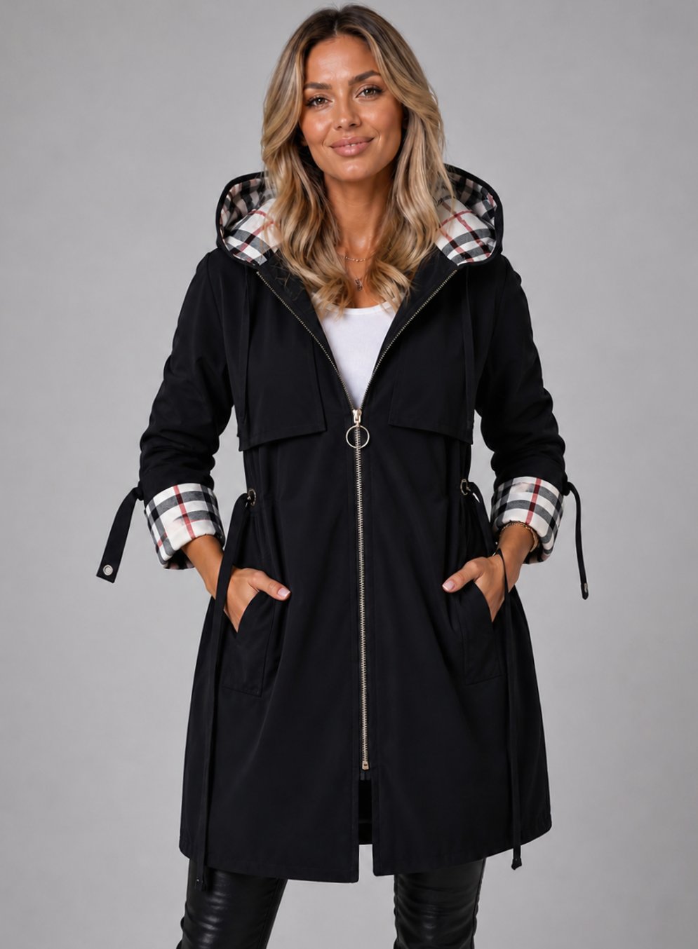 Women's Hooded Longline Zip-Up Coat Adjustable Drawstring Waist - Black