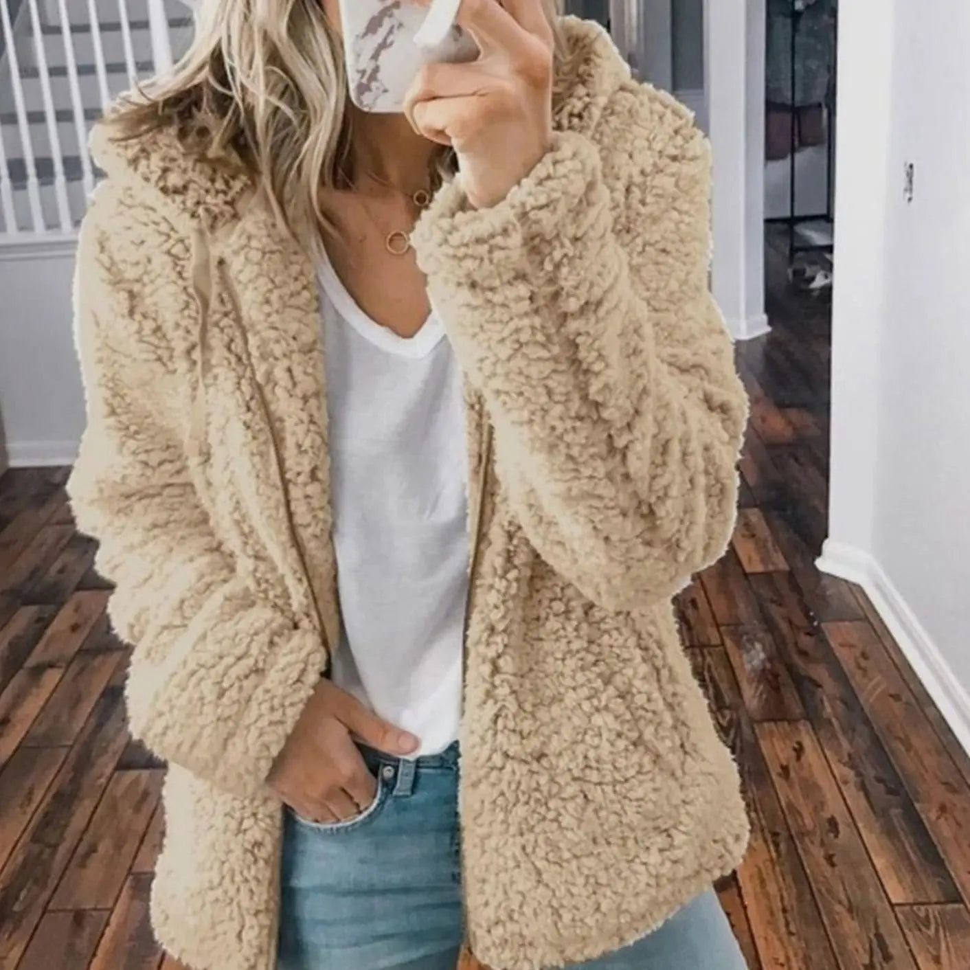 Women's Hooded Open Front Fleece Teddy Jacket - Beige