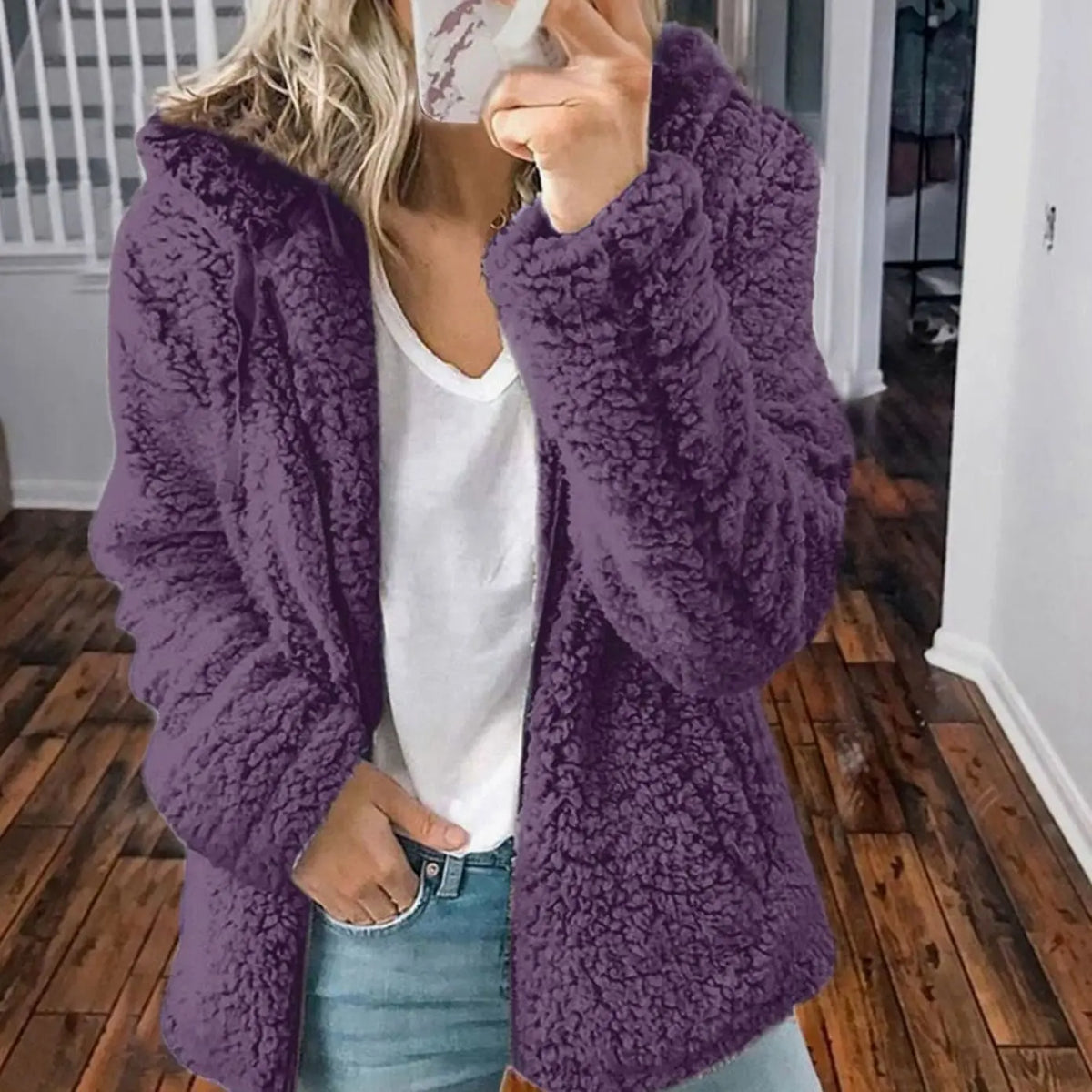 Women's Hooded Open Front Fleece Teddy Jacket - Purple