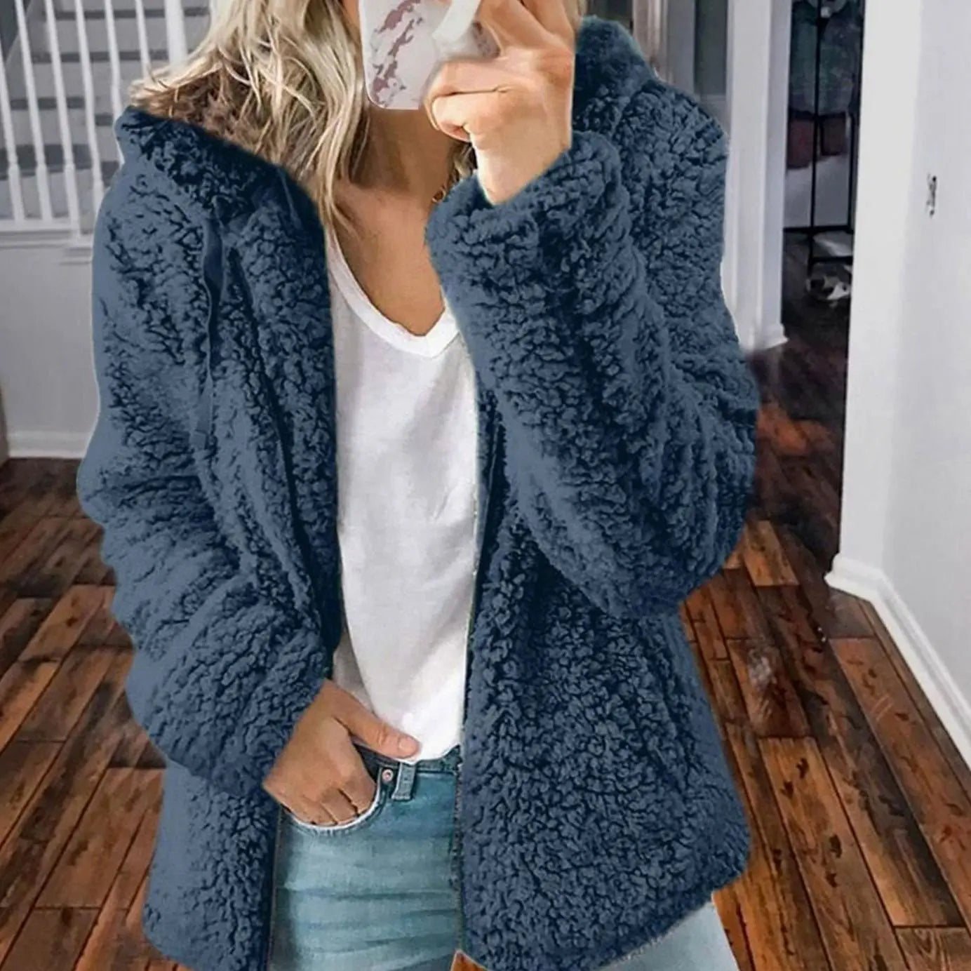 Women's Hooded Open Front Fleece Teddy Jacket - Blue