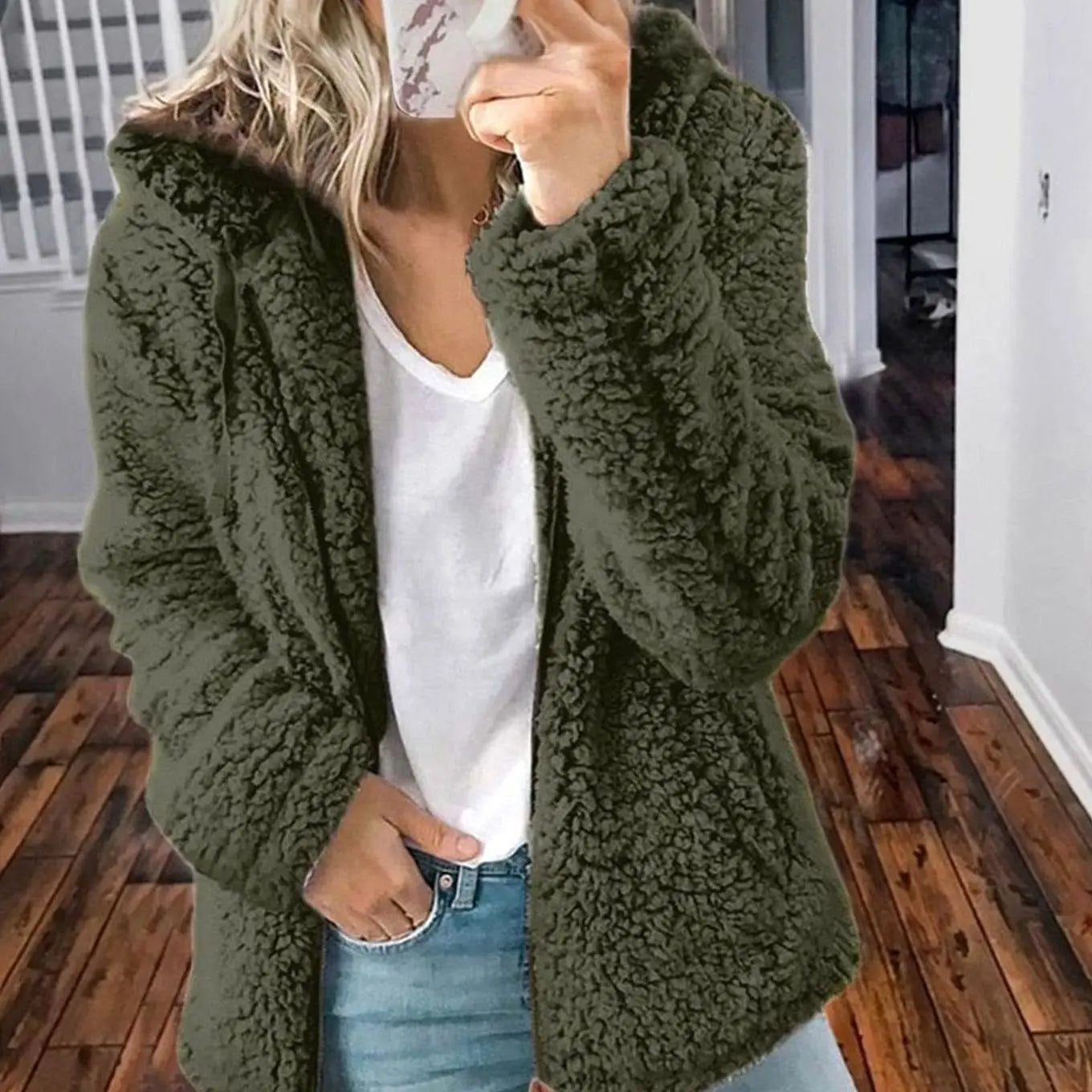 Women's Hooded Open Front Fleece Teddy Jacket - Green