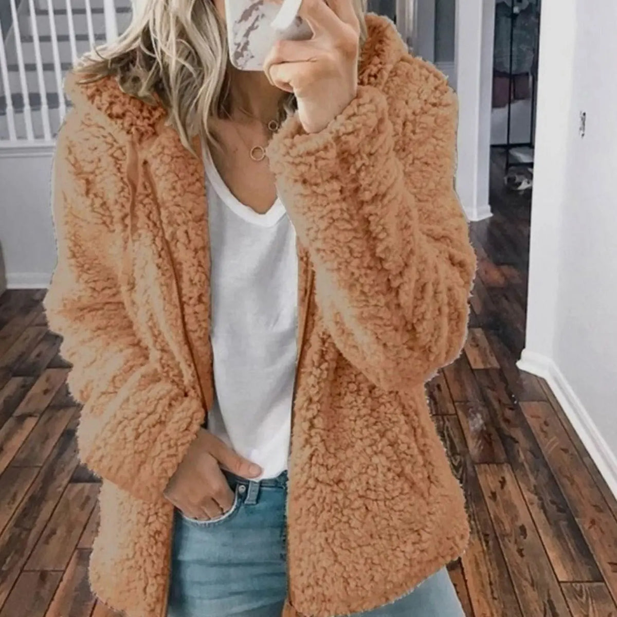 Women's Hooded Open Front Fleece Teddy Jacket - Cappuccino