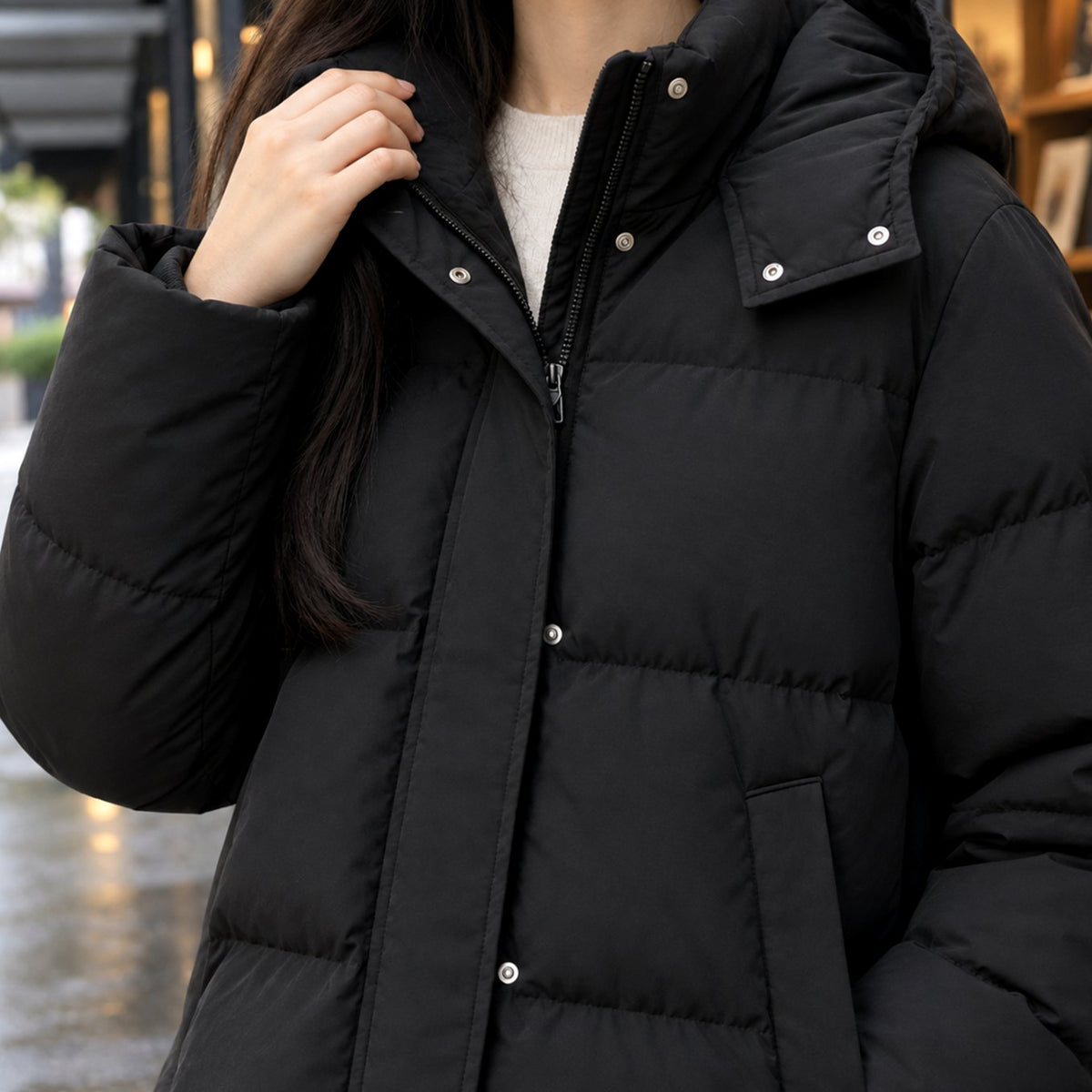 Women's Hooded Quilted Puffer Jacket Loose Waist-Length Fit