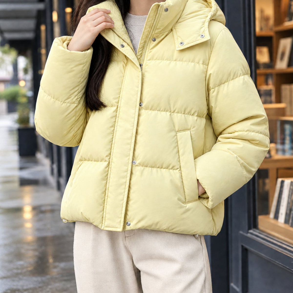 Women's Hooded Quilted Puffer Jacket Loose Waist-Length Fit - Creamy Yellow