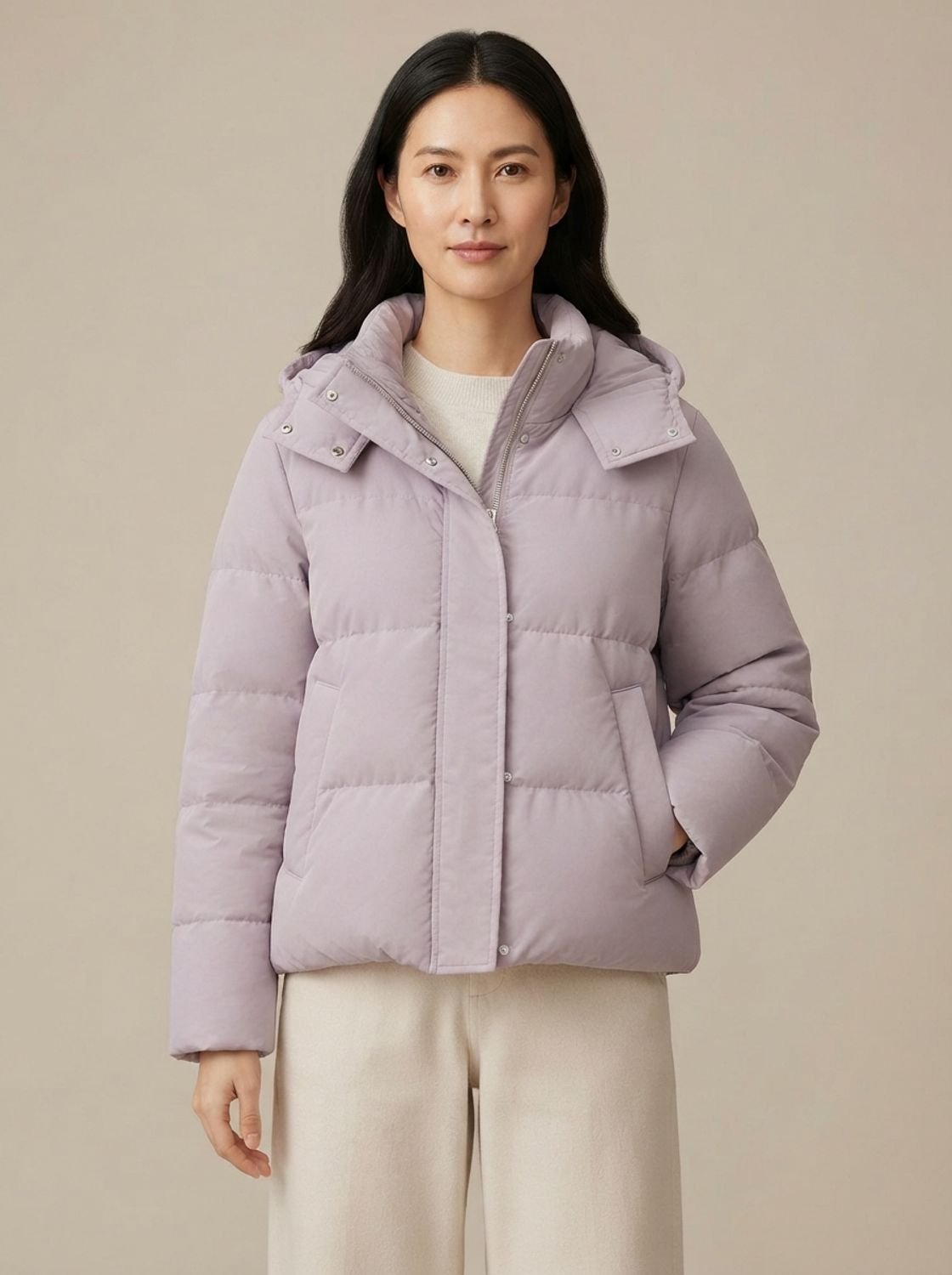 Women's Hooded Quilted Puffer Jacket Loose Waist-Length Fit - Morning Mist Purple