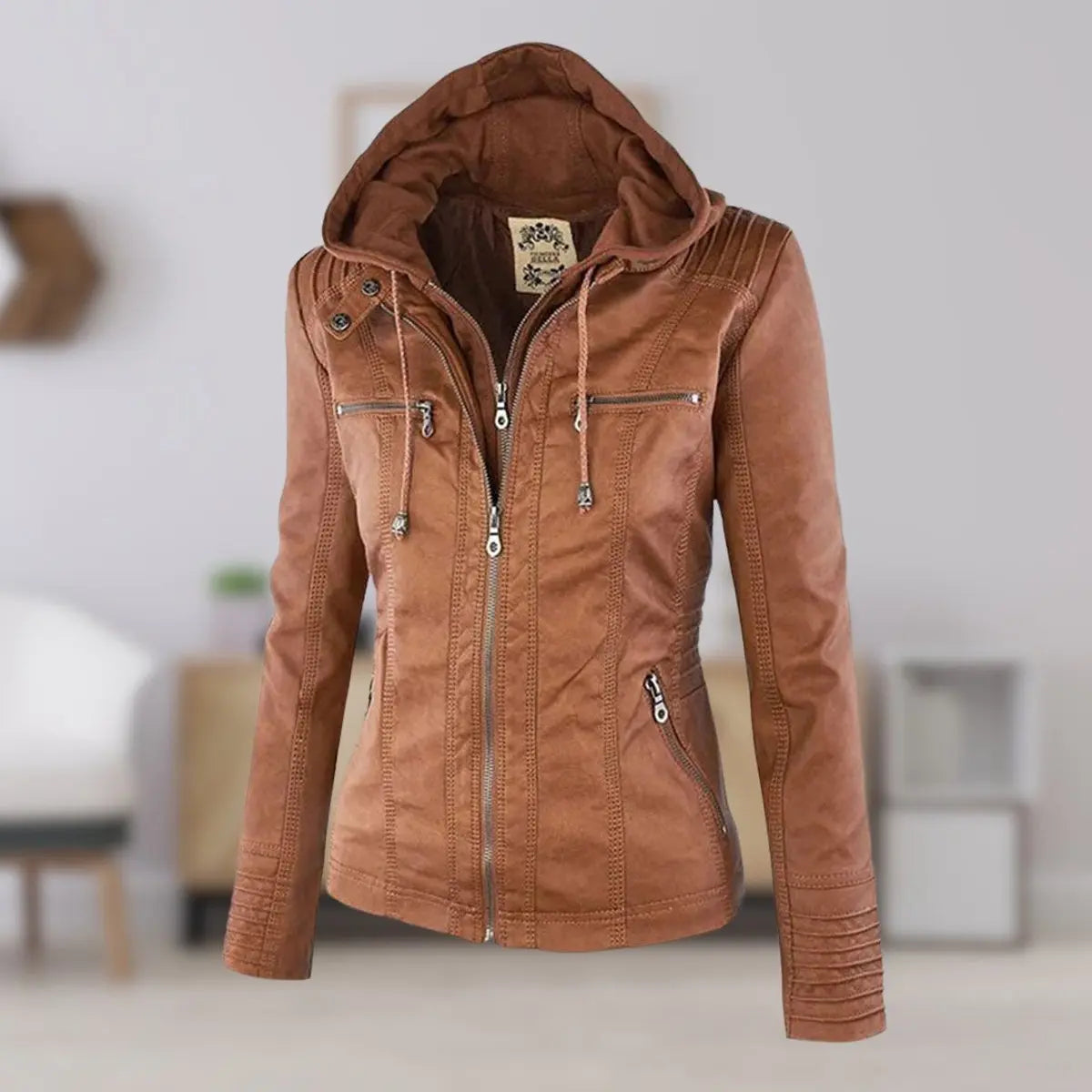 Women's Hooded Removable-Hood Faux Leather Biker Coat - Khaki
