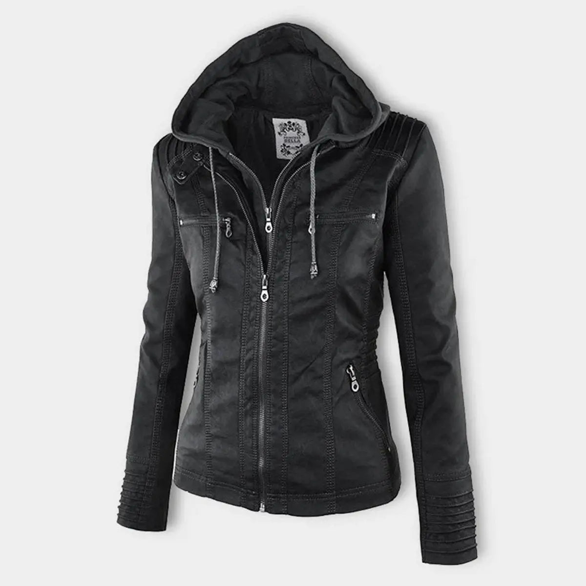 Women's Hooded Removable-Hood Faux Leather Biker Coat