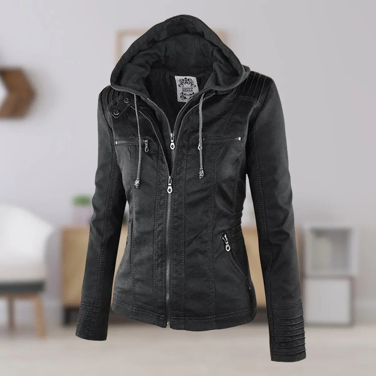Women's Hooded Removable-Hood Faux Leather Biker Coat - Black