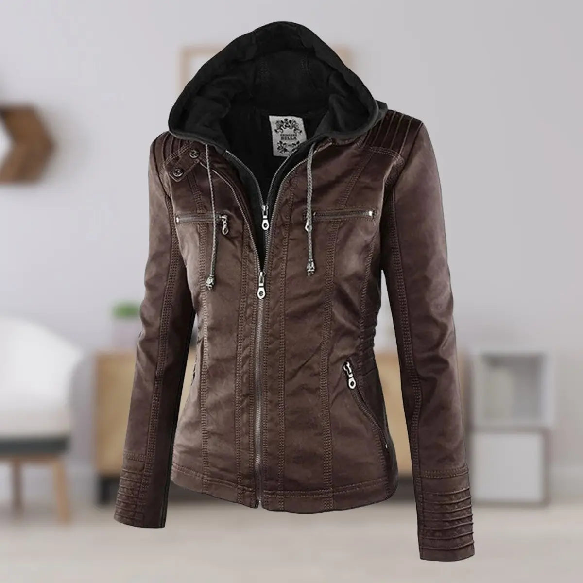 Women's Hooded Removable-Hood Faux Leather Biker Coat - Brown