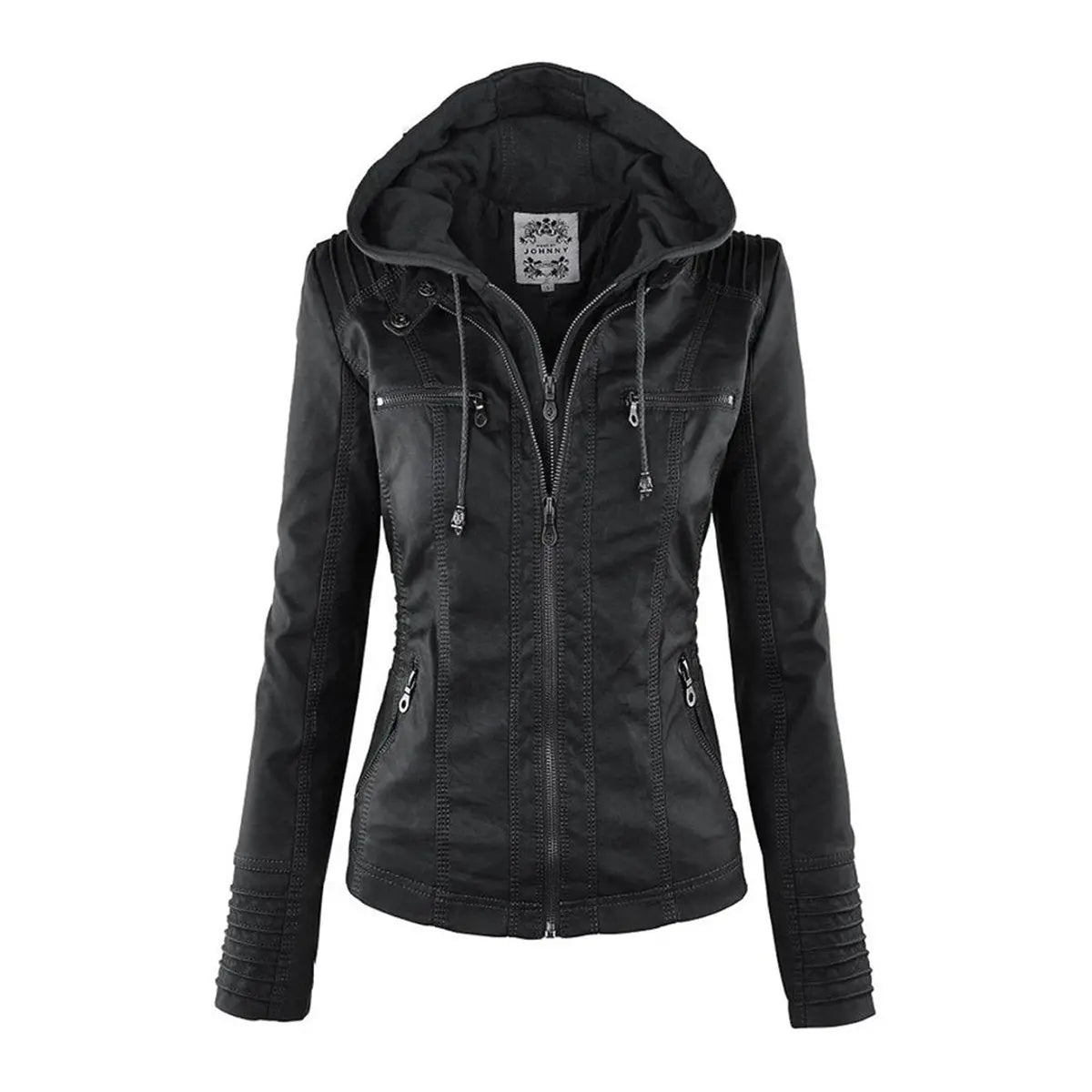 Women's Hooded Removable-Hood Faux Leather Biker Coat