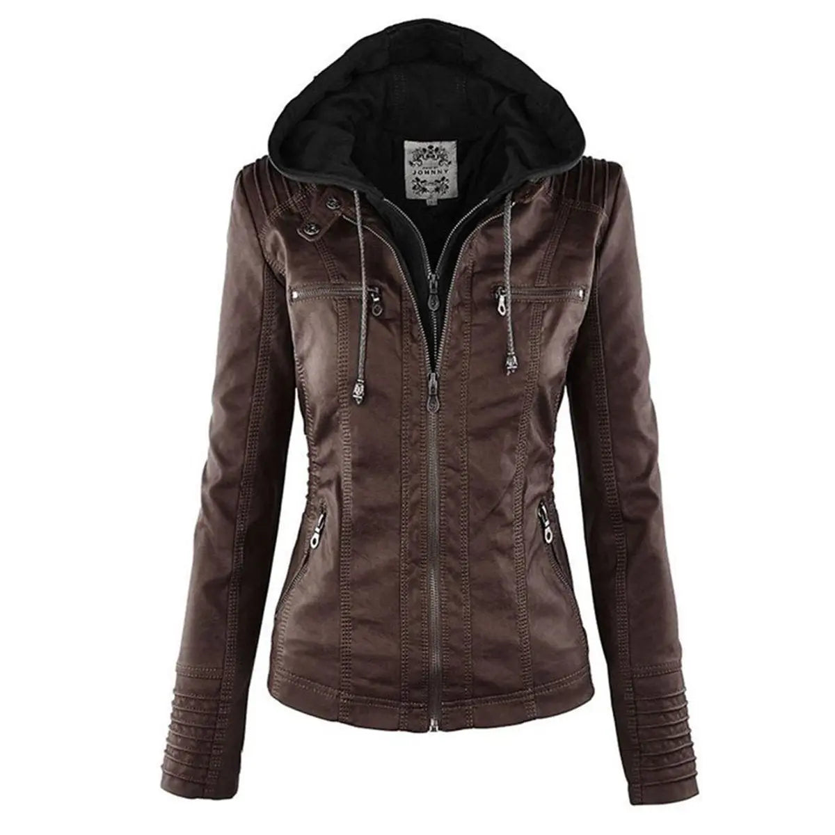 Women's Hooded Removable-Hood Faux Leather Biker Coat