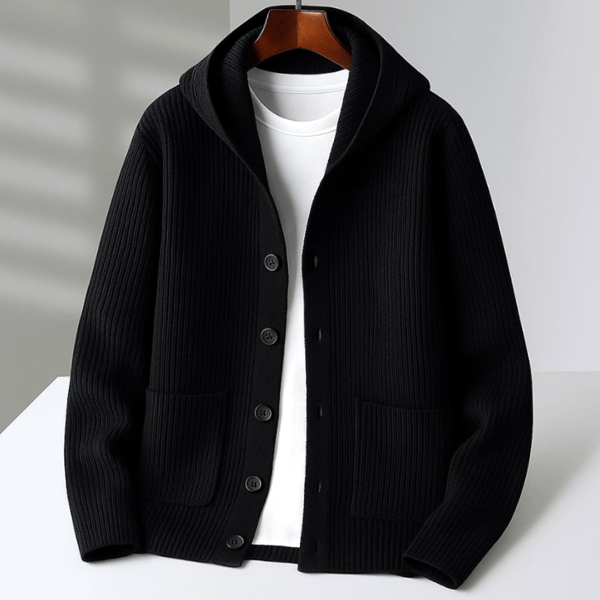 Women's Hooded Ribbed-Knit Button-Up Cardigan - Black
