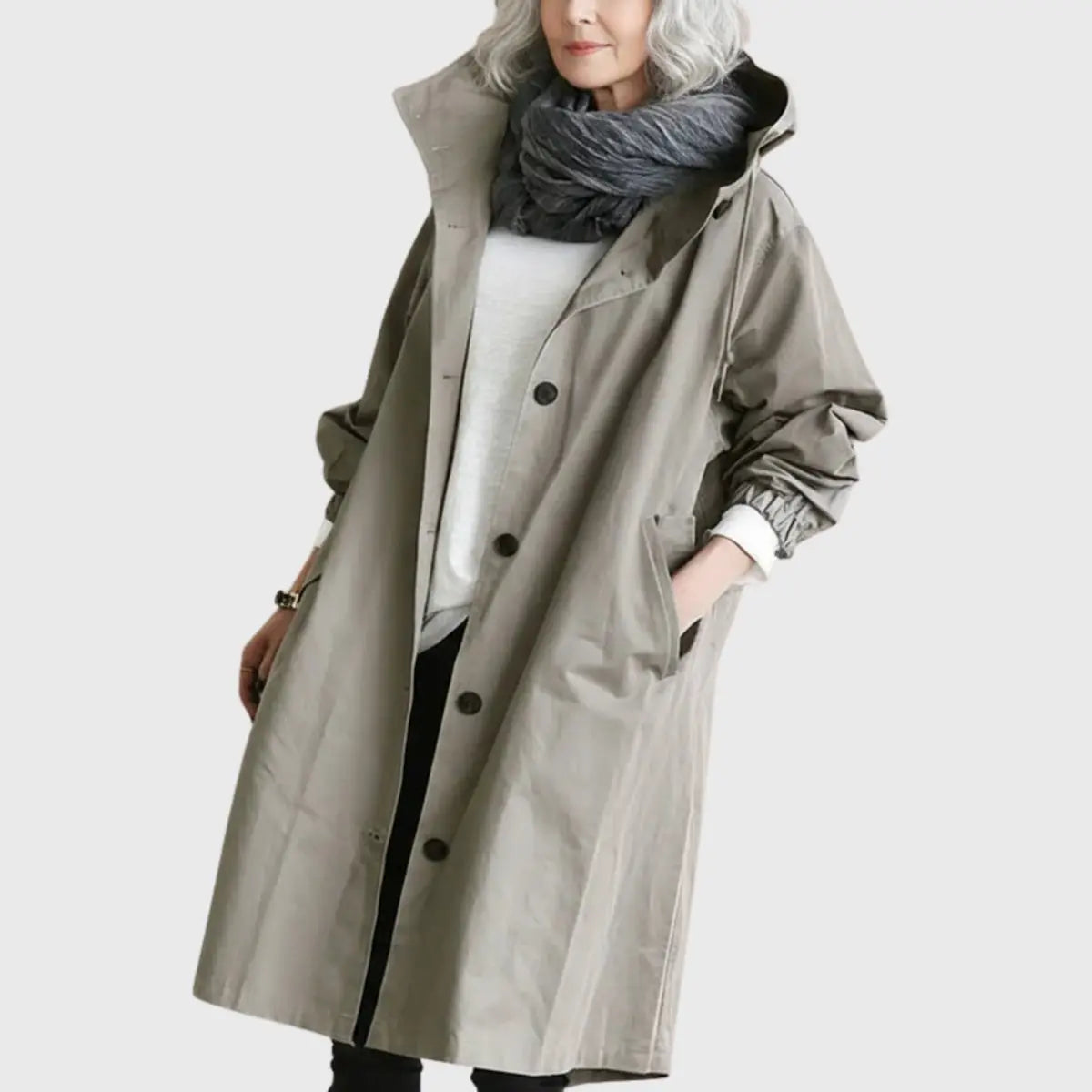 Women's Hooded Waterproof Relaxed-Fit Long Trench Coat - Grey