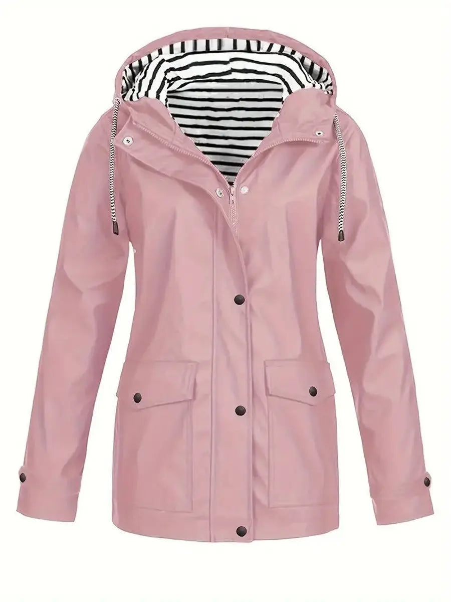 Women's Hooded Waterproof Striped-Lined Zip-Up Rain Coat - Pink
