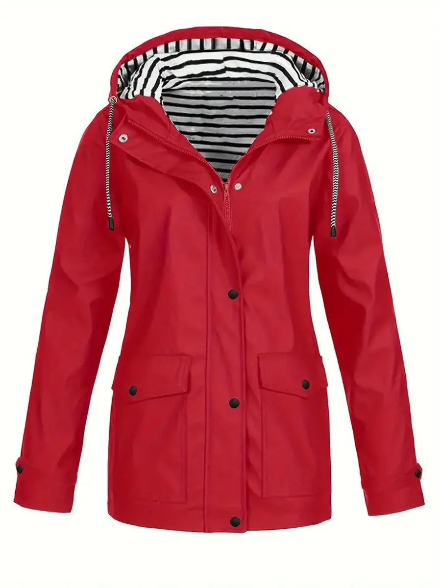 Women's Hooded Waterproof Striped-Lined Zip-Up Rain Coat - Red