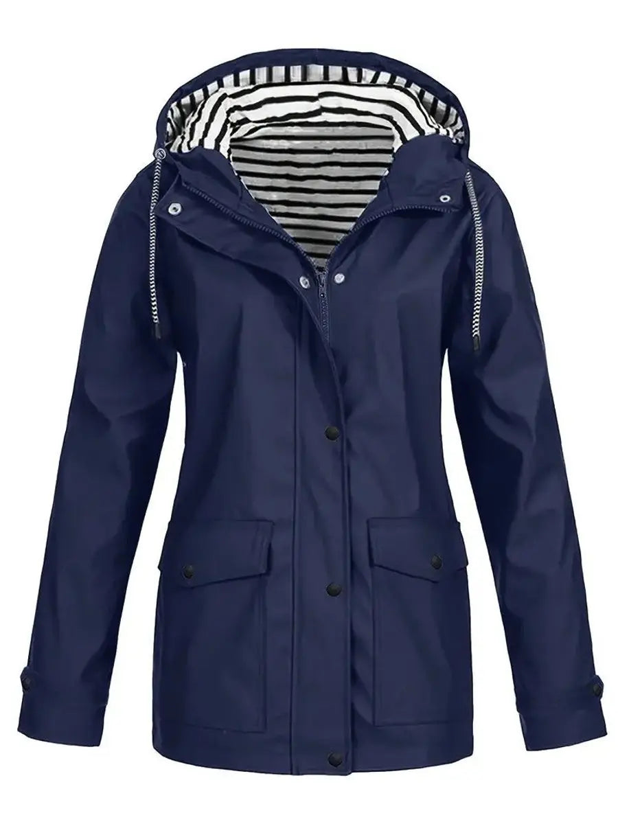 Women's Hooded Waterproof Striped-Lined Zip-Up Rain Coat - Navy Blue