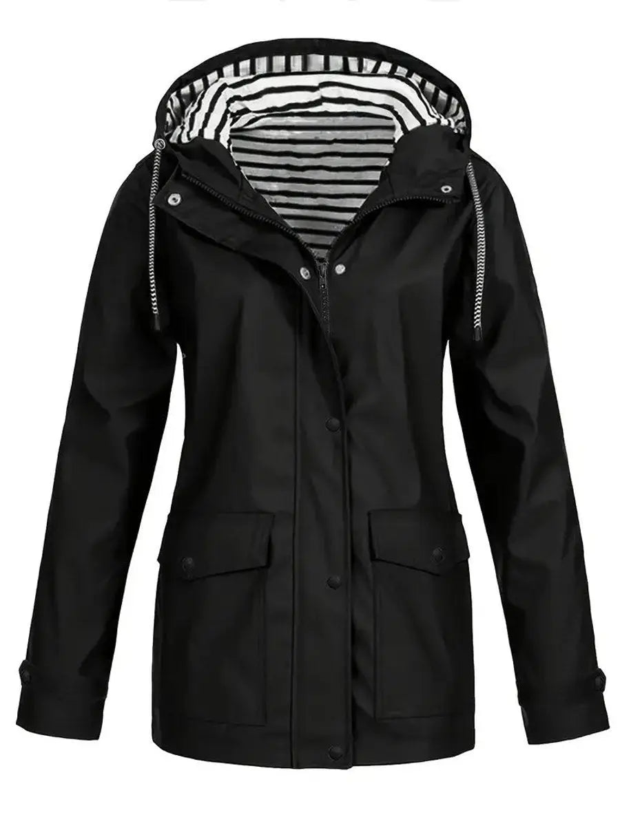 Women's Hooded Waterproof Striped-Lined Zip-Up Rain Coat - Black