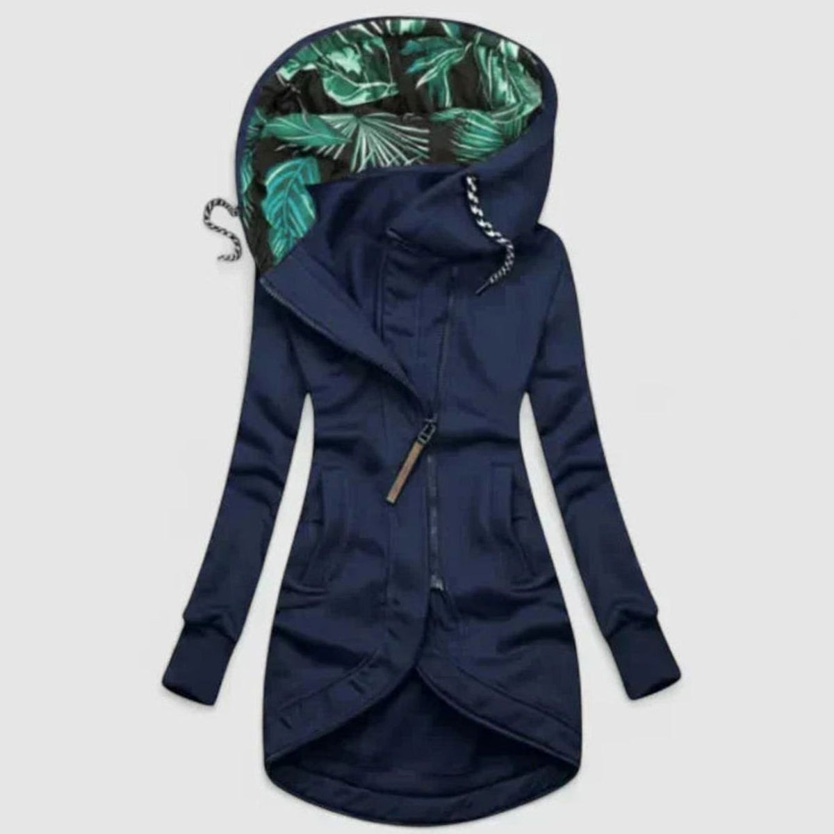 Women's Hooded Zip-Up Longline Comfy Soft Jacket - Navy Blue