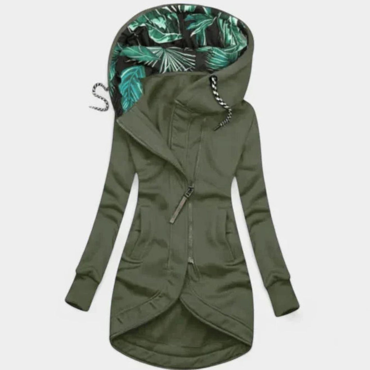 Women's Hooded Zip-Up Longline Comfy Soft Jacket - Olive Green