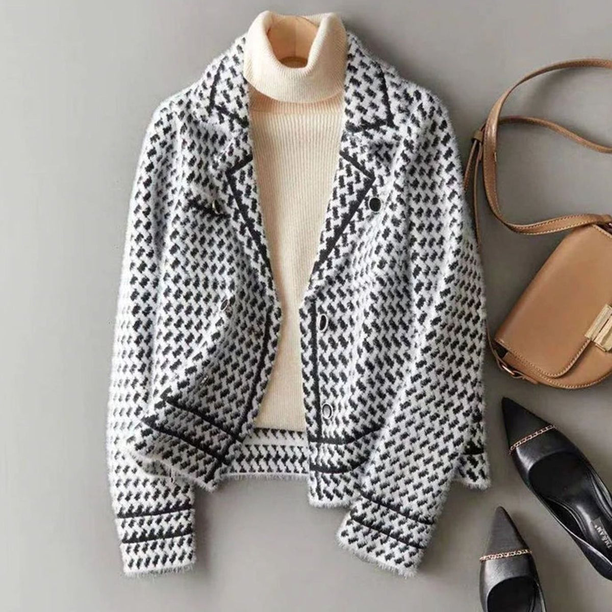 Women's Houndstooth Wool-Cashmere Button-Up Cardigan Jacket - White