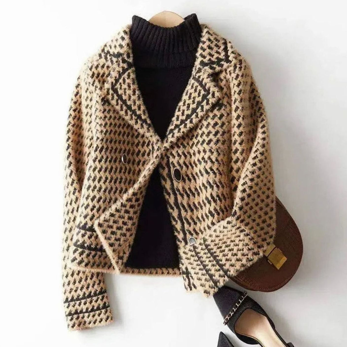 Women's Houndstooth Wool-Cashmere Button-Up Cardigan Jacket - Brown