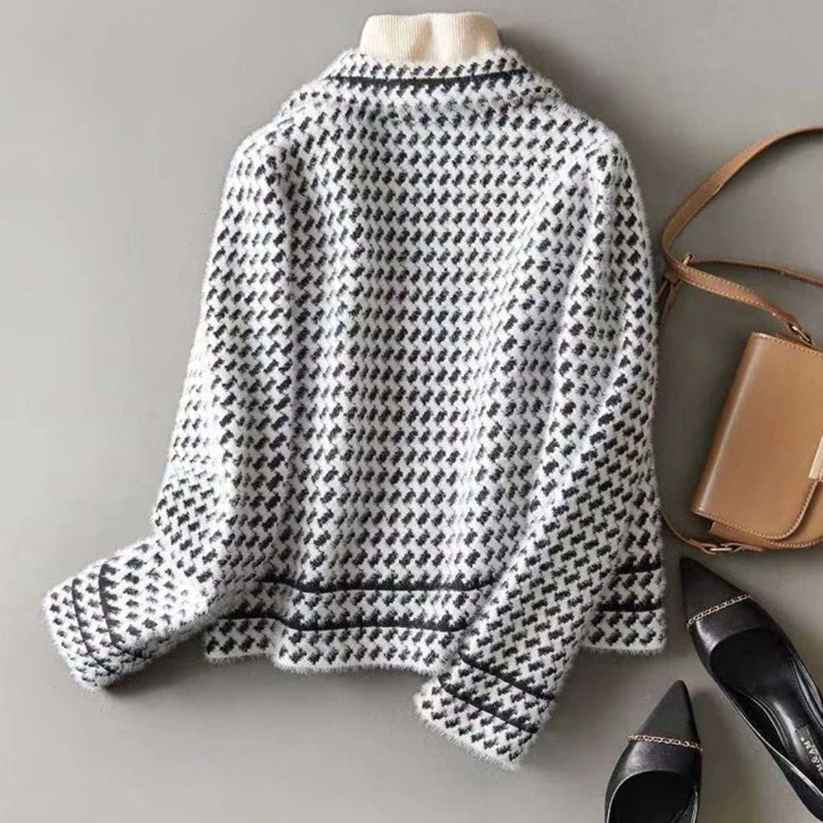 Women's Houndstooth Wool-Cashmere Button-Up Cardigan Jacket