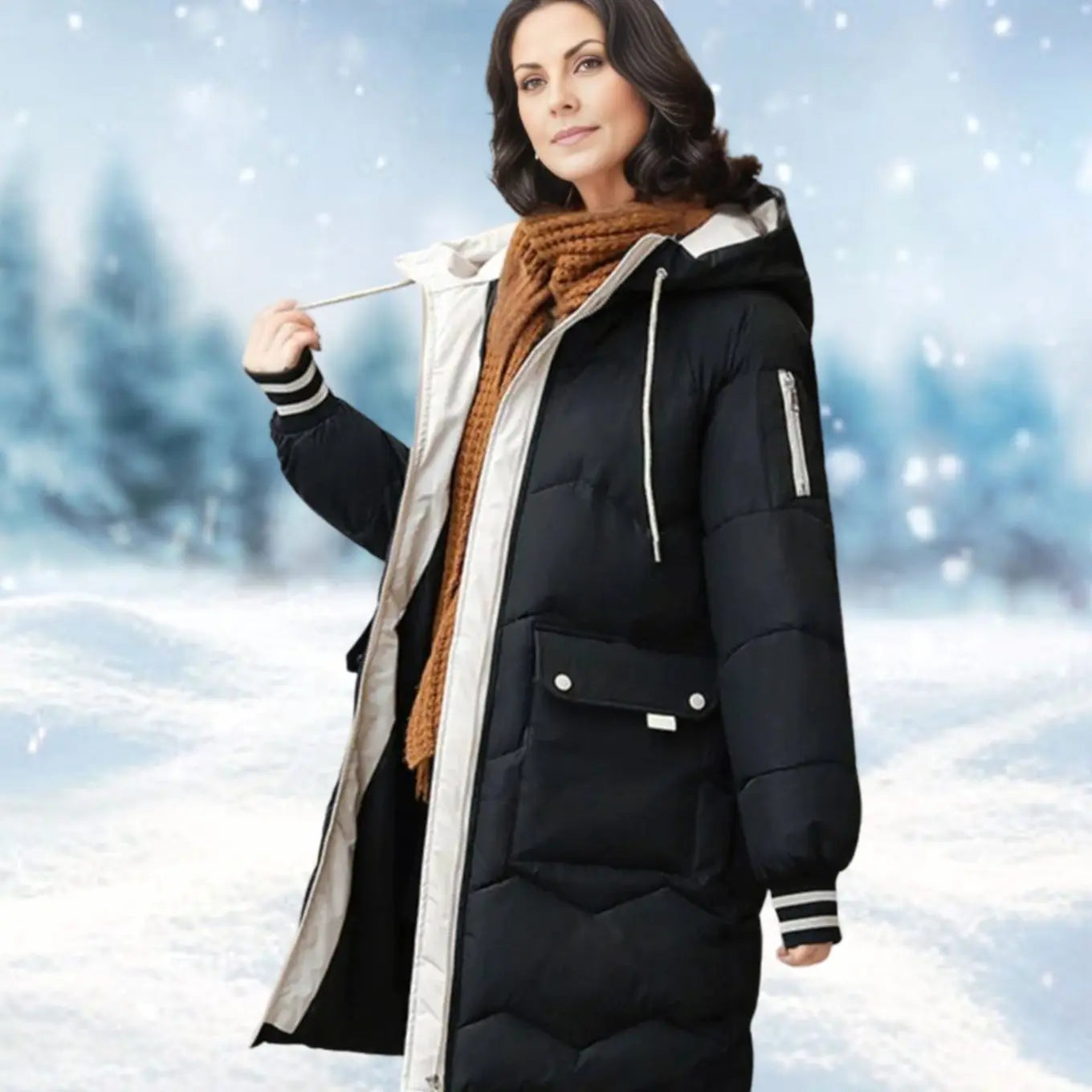 Women's Insulated Hooded Padded Mid-Length Winter Coat - Black