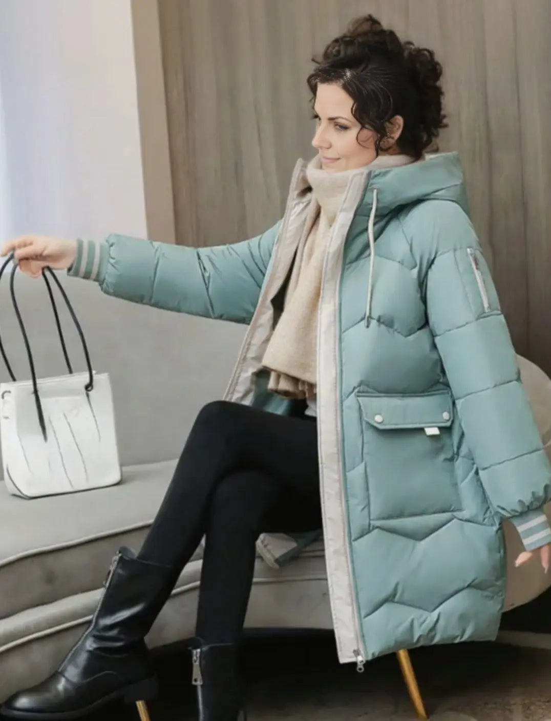 Women's Insulated Hooded Padded Mid-Length Winter Coat - Light Green