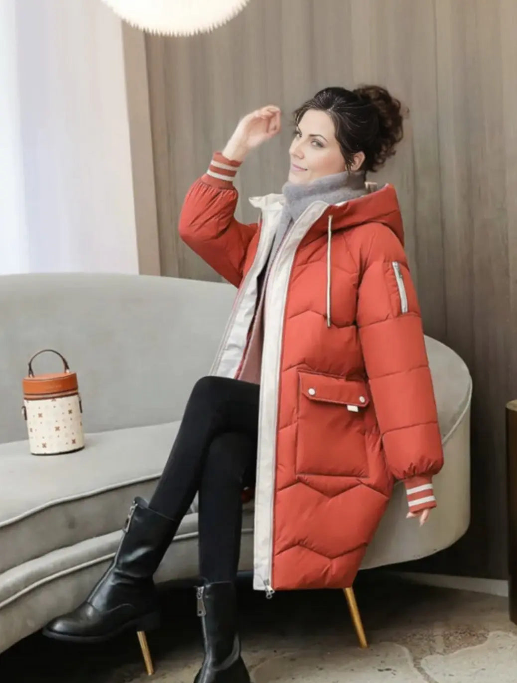Women's Insulated Hooded Padded Mid-Length Winter Coat - Red