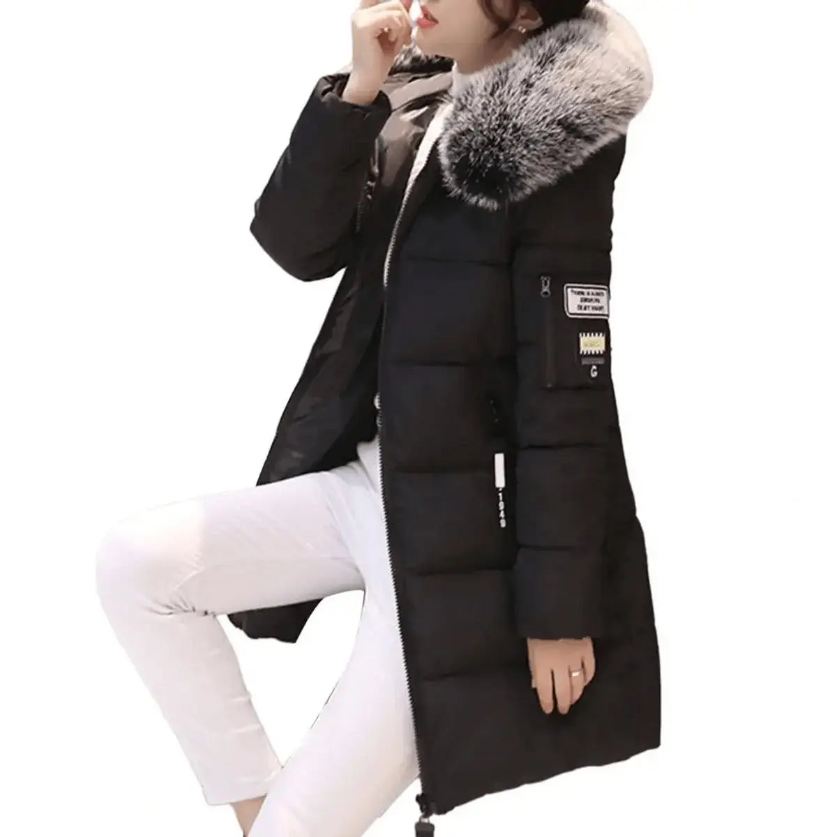 Women's Jacket Hooded Mid-Length Windproof Quilted Puffer Coat - Black