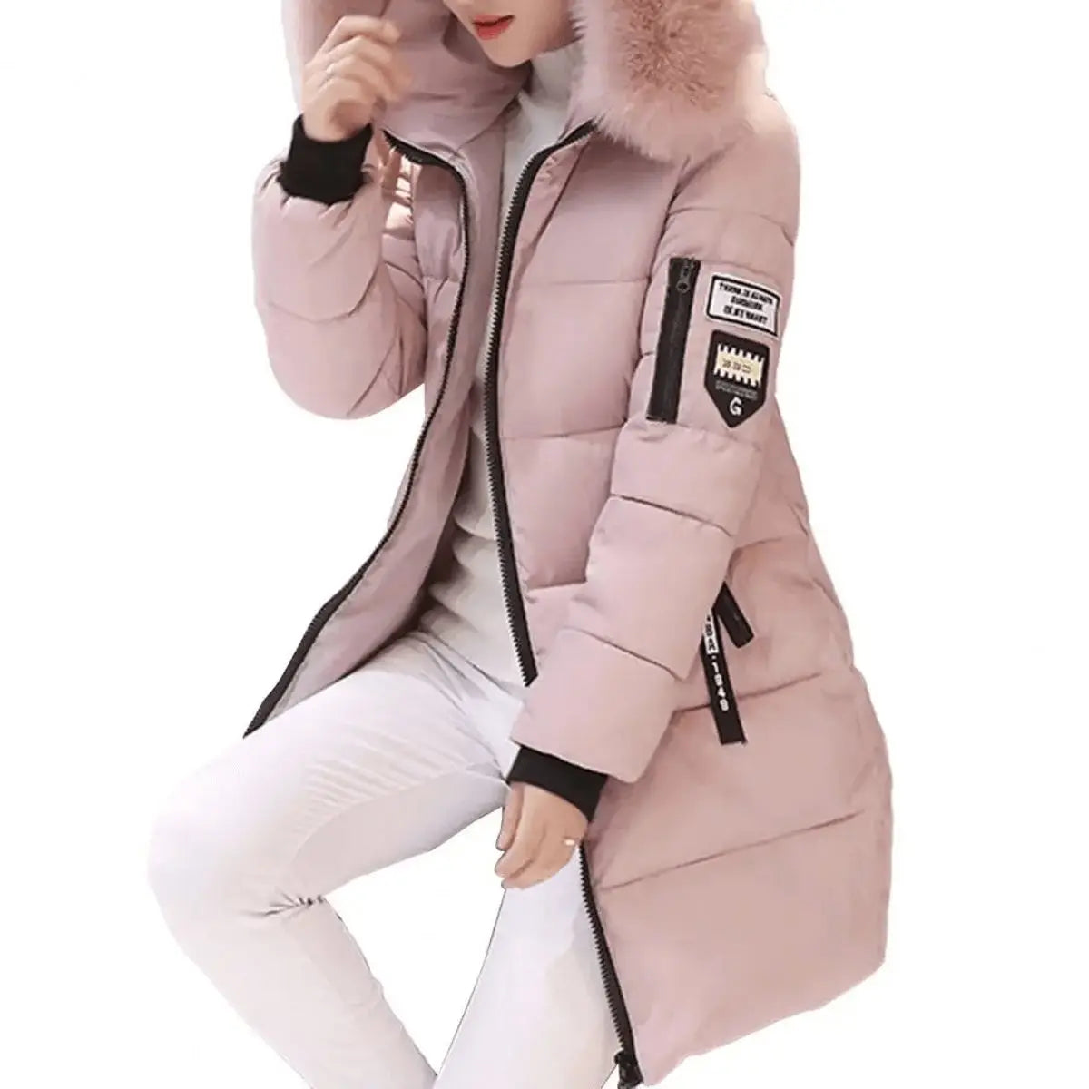 Women's Jacket Hooded Mid-Length Windproof Quilted Puffer Coat - Pink