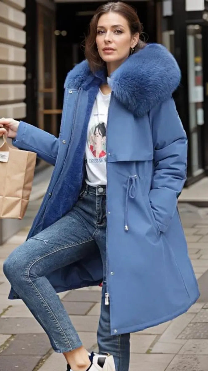 Women's Jacket Waterproof Hooded Faux Fur Trim Insulated Winter Parka - Blue